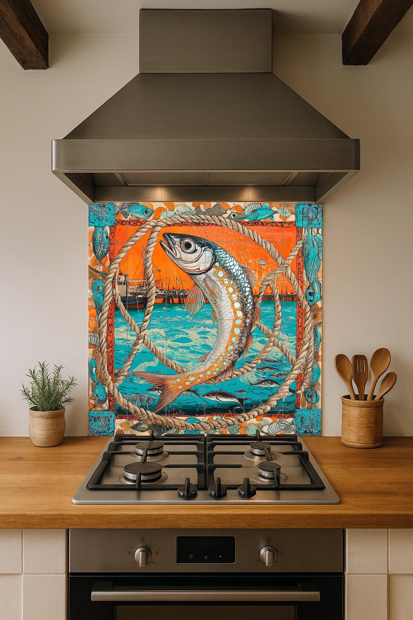 Diseño de peces náuticos, escena portuaria — Countryside Kitchen Art · Tile Wall Art