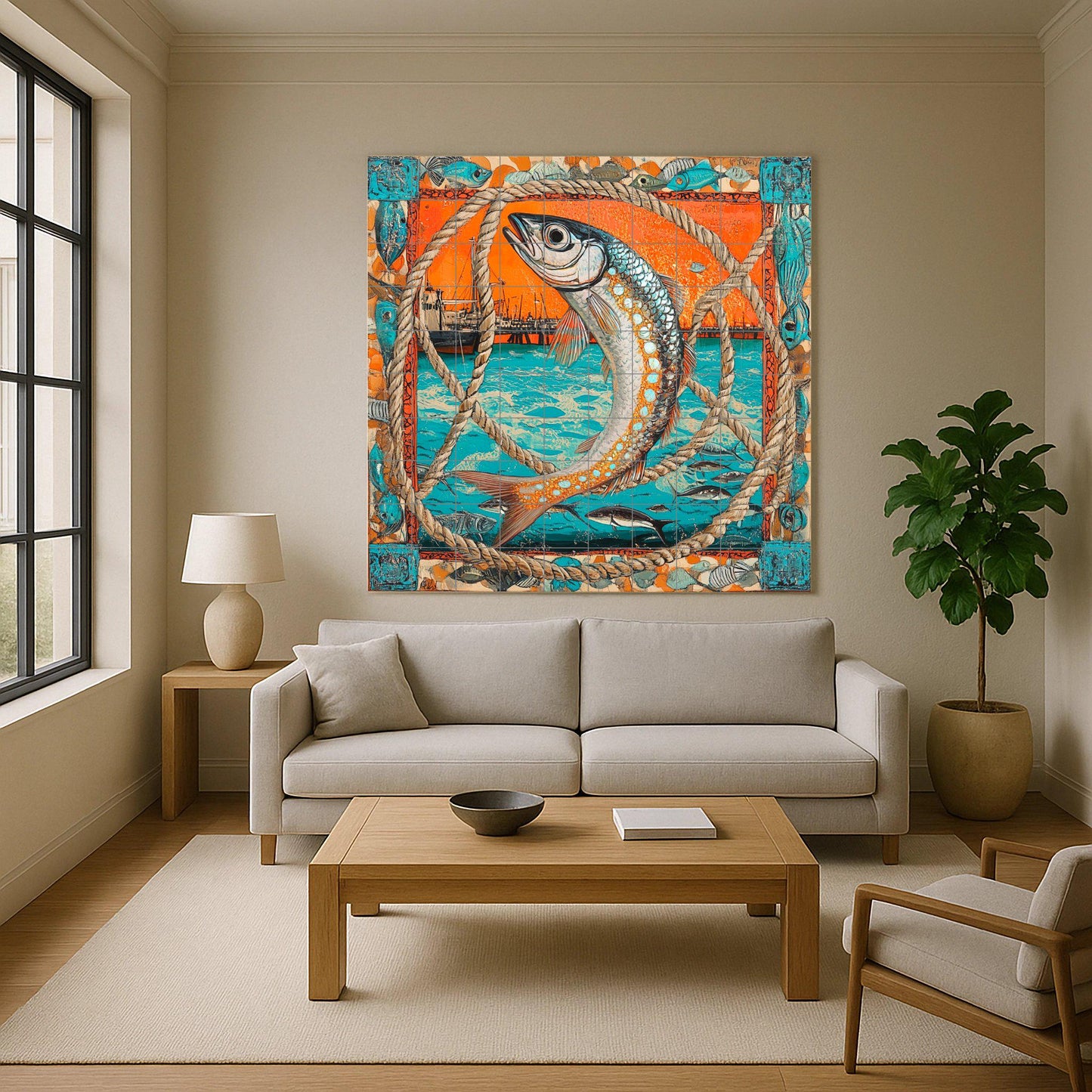 Diseño de peces náuticos, escena portuaria — Countryside Kitchen Art · Tile Wall Art