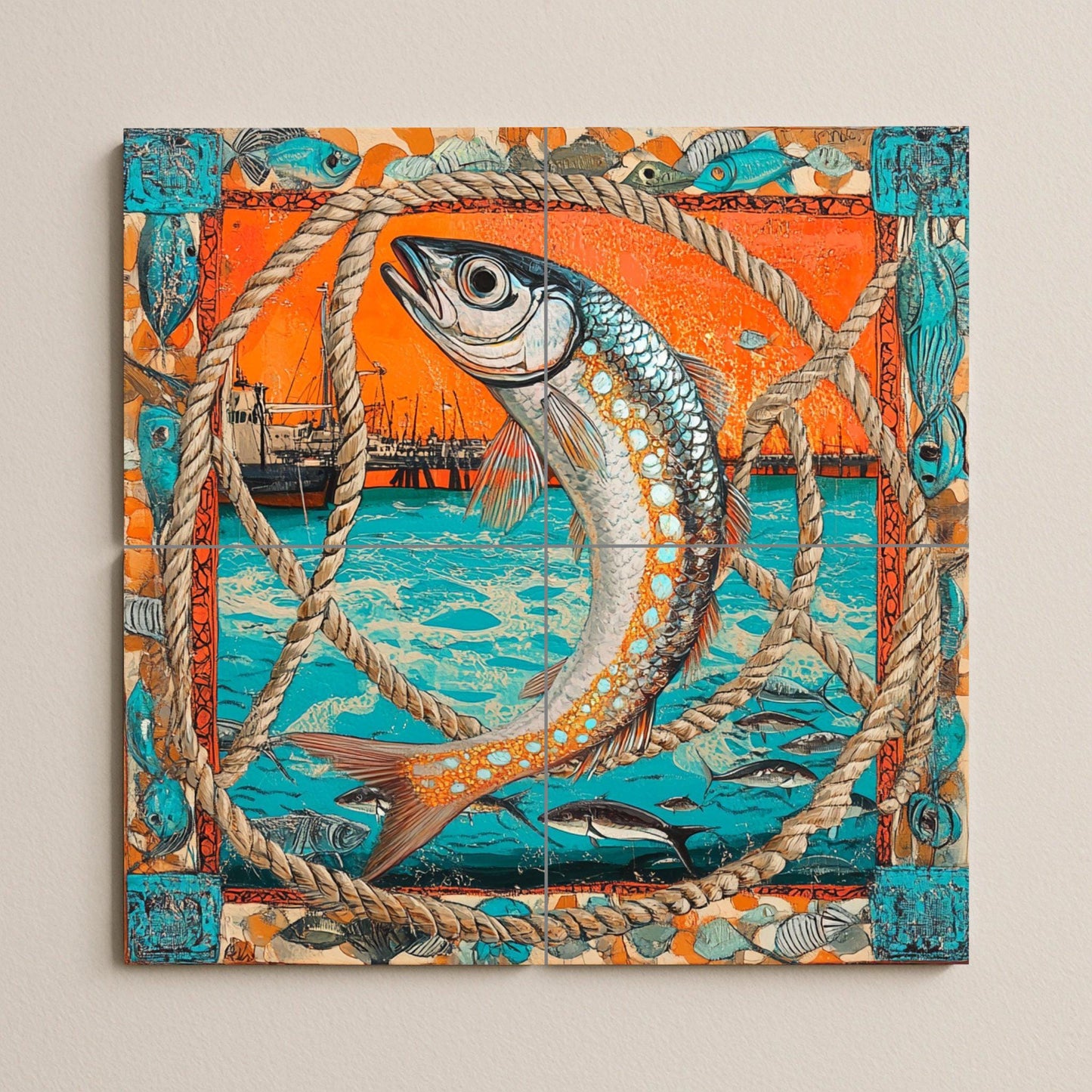 Diseño de peces náuticos, escena portuaria — Countryside Kitchen Art · Tile Wall Art