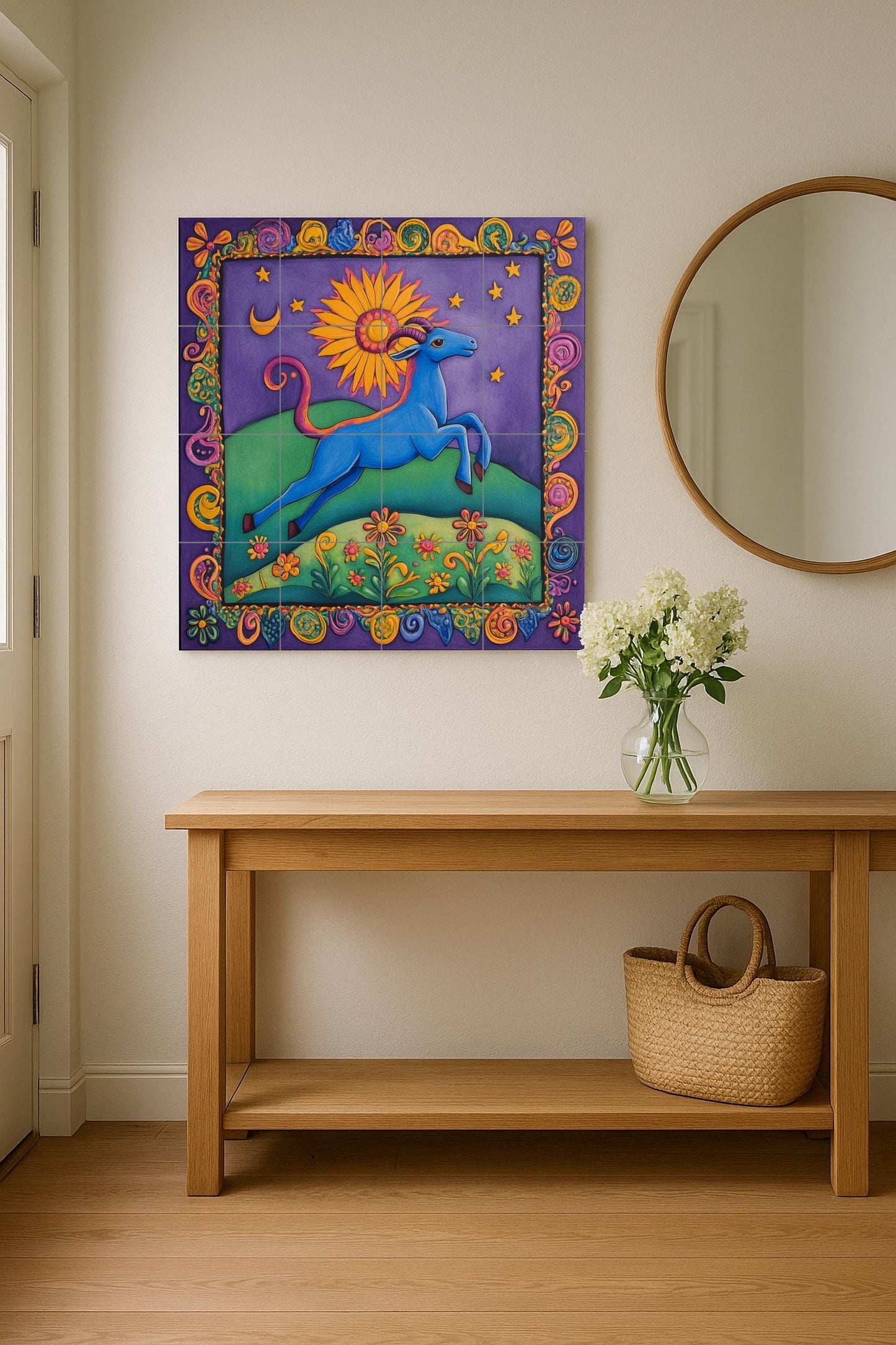 Art Populaire Coloré · Fresque Céramique — Fleurs et Paysages