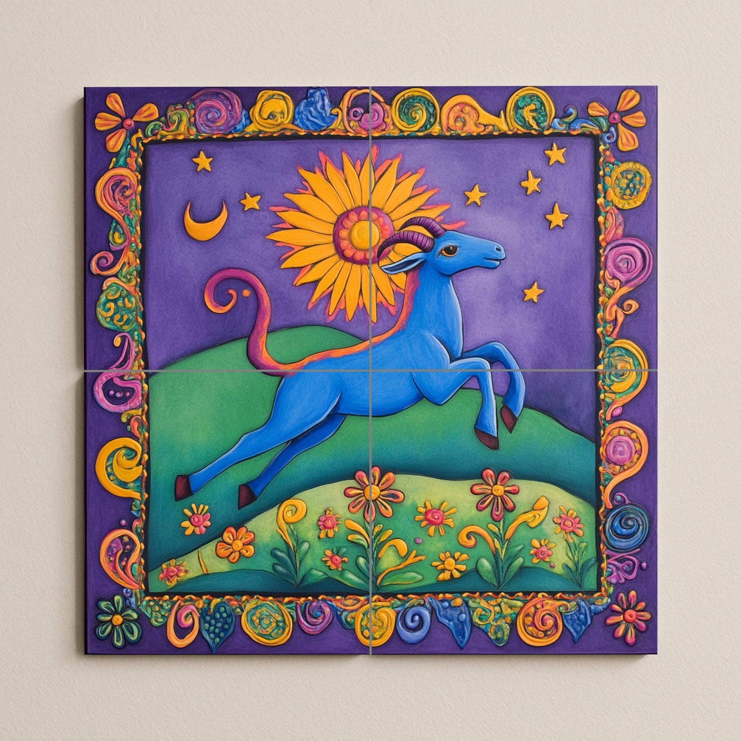 Art Populaire Coloré · Fresque Céramique — Fleurs et Paysages