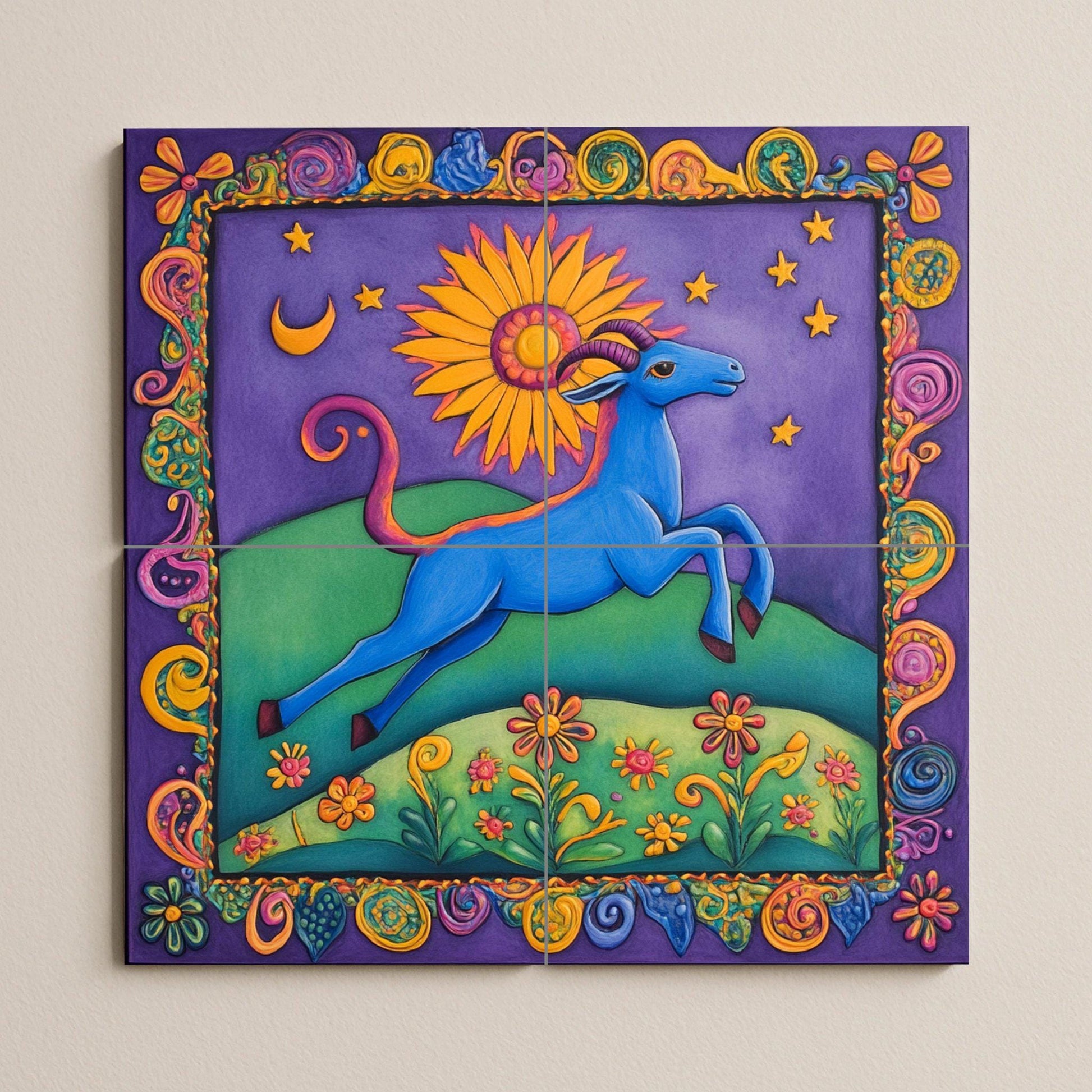 Art Populaire Coloré · Fresque Céramique — Fleurs et Paysages