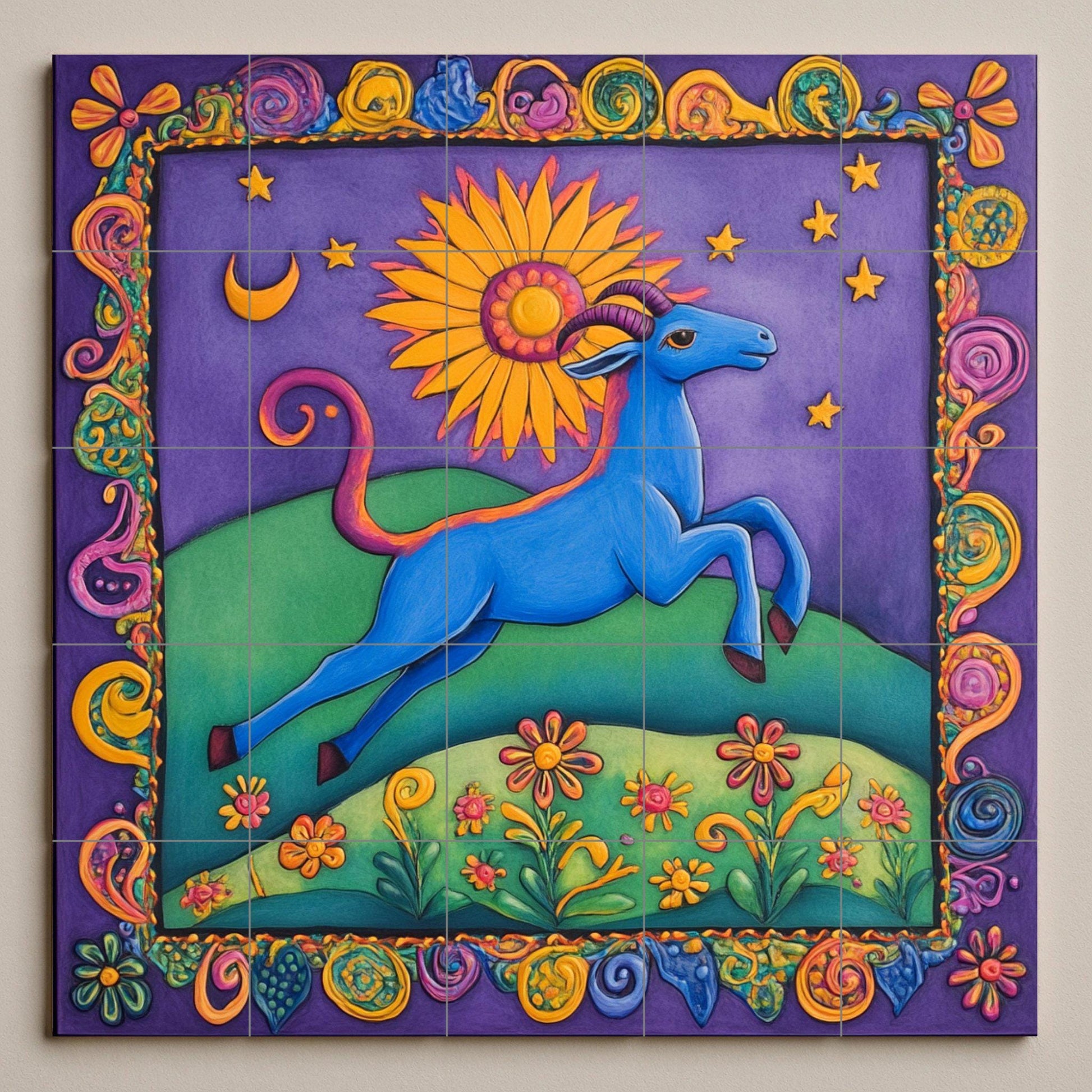 Art Populaire Coloré · Fresque Céramique — Fleurs et Paysages