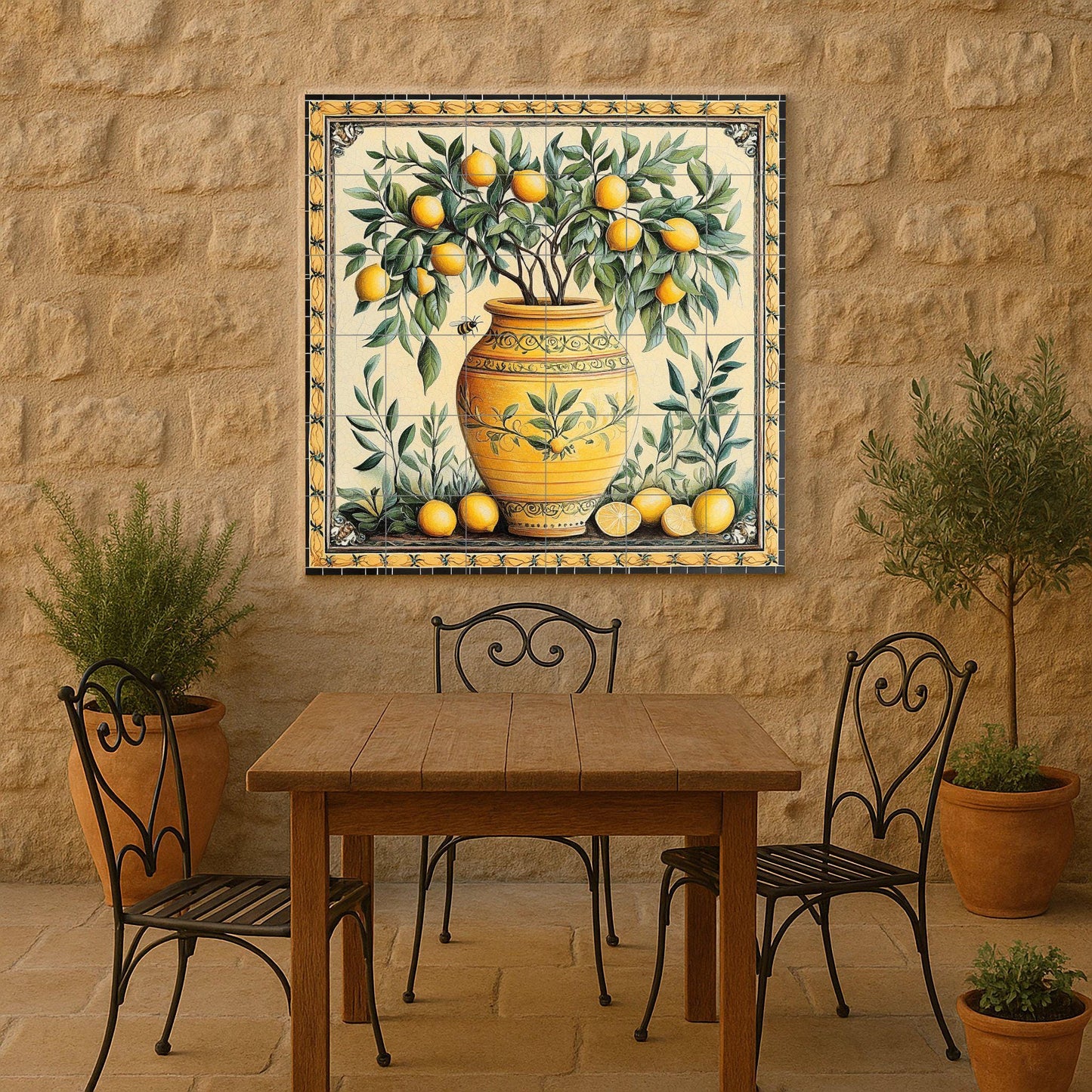 Mural de azulejos de cerámica con jarrón de limones mediterráneos