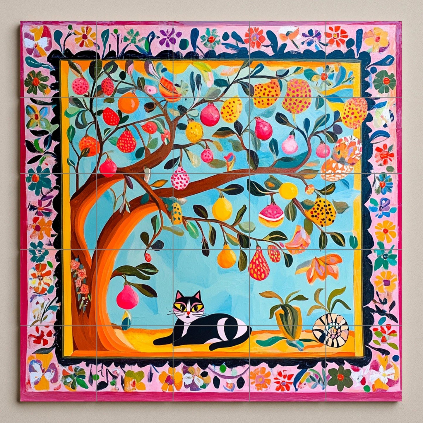 Art Populaire Coloré · Fresque Céramique — Fleurs et Paysages
