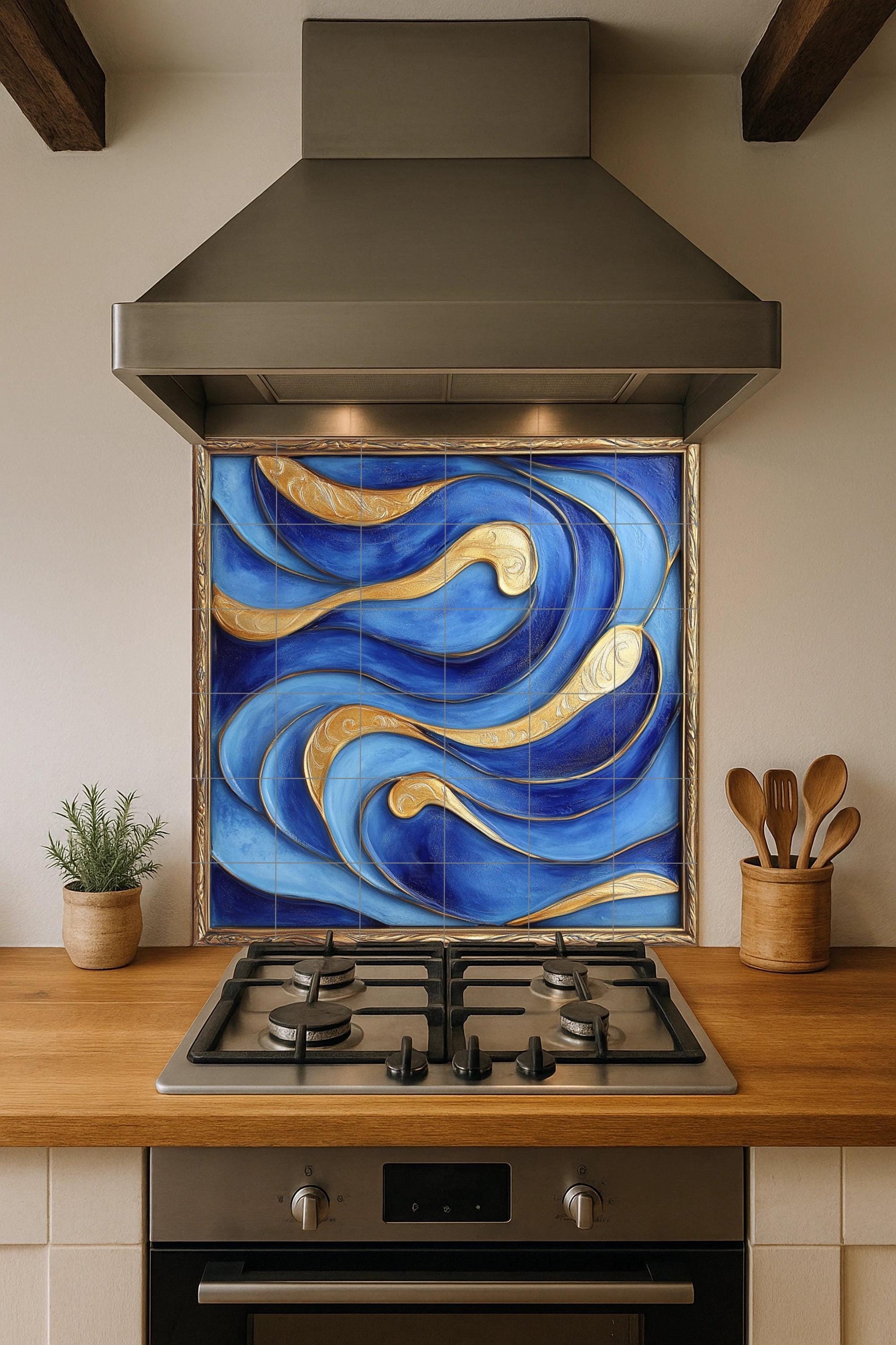 Abstractos Blu e Dorati per pared. Pannello d — Arte Rustica di Fattoria, Arte da Parete in Ceramica