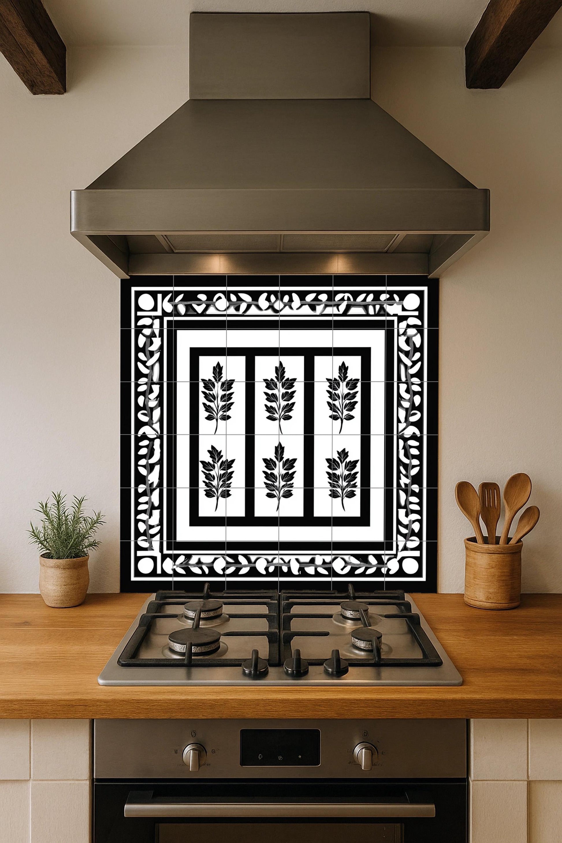 Murale in Piastrelle Greca in Bianco e Nero — Decoro Culinario