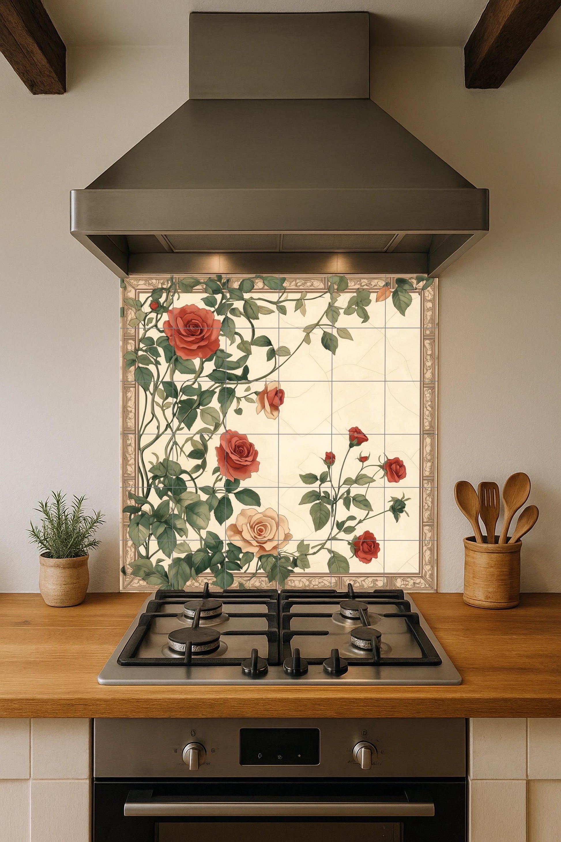 Ceramic Tile Mural: Rosas románticas, diseño botánico floral vi — Botanical Landscape