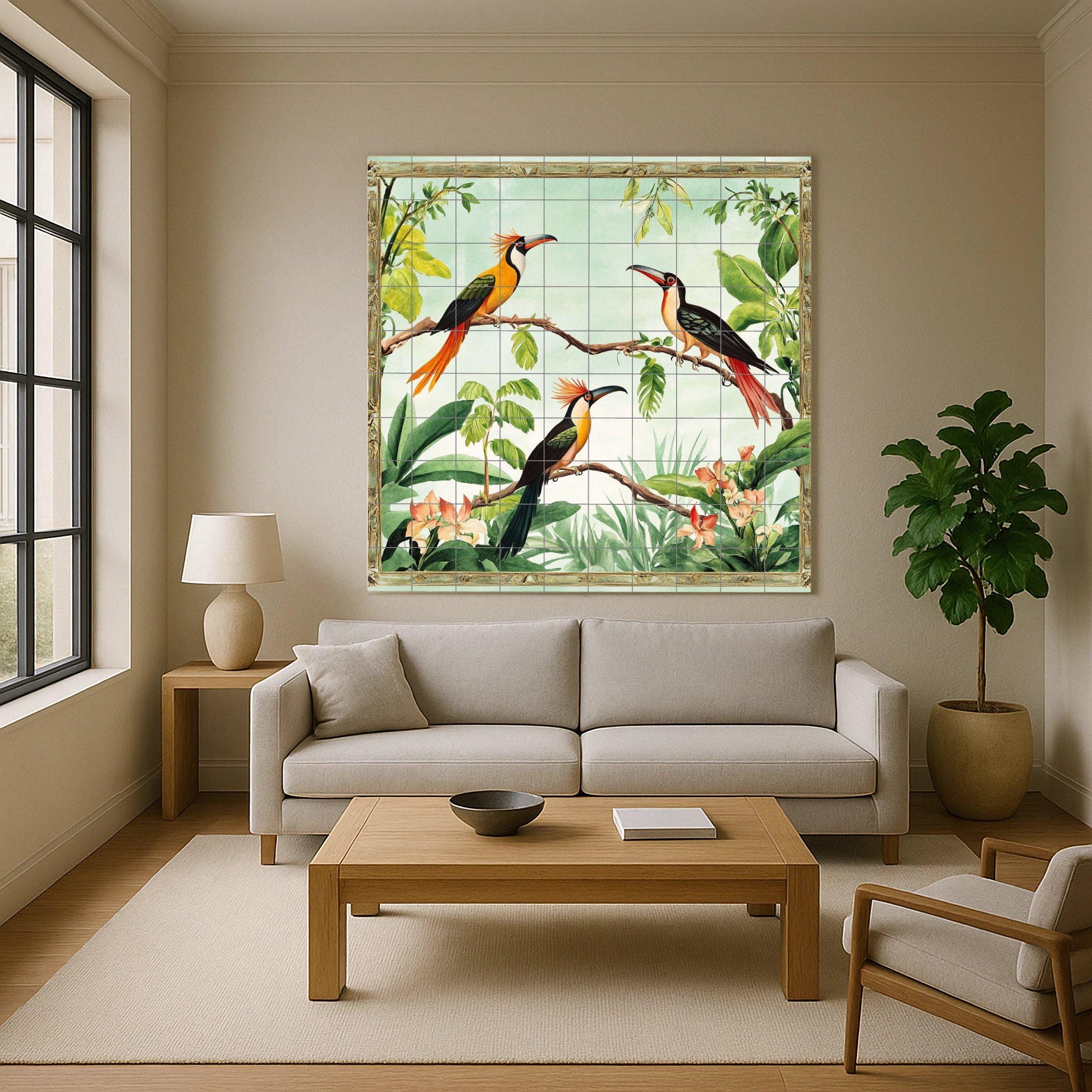 Diseño de aves tropicales exóticas, diseño · Keramik-Wandbild — Rustikale Bauernhaus-Kunst