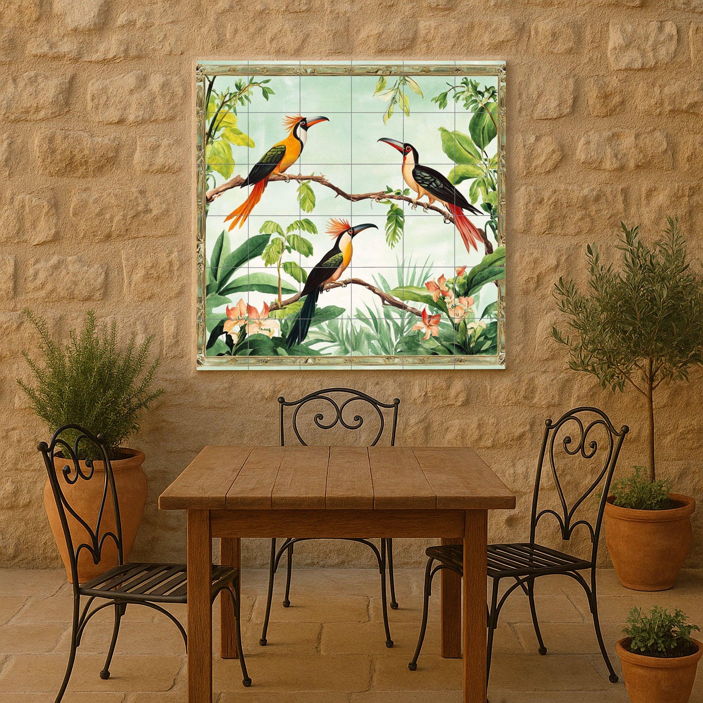 Diseño de aves tropicales exóticas, diseño · Keramik-Wandbild — Rustikale Bauernhaus-Kunst