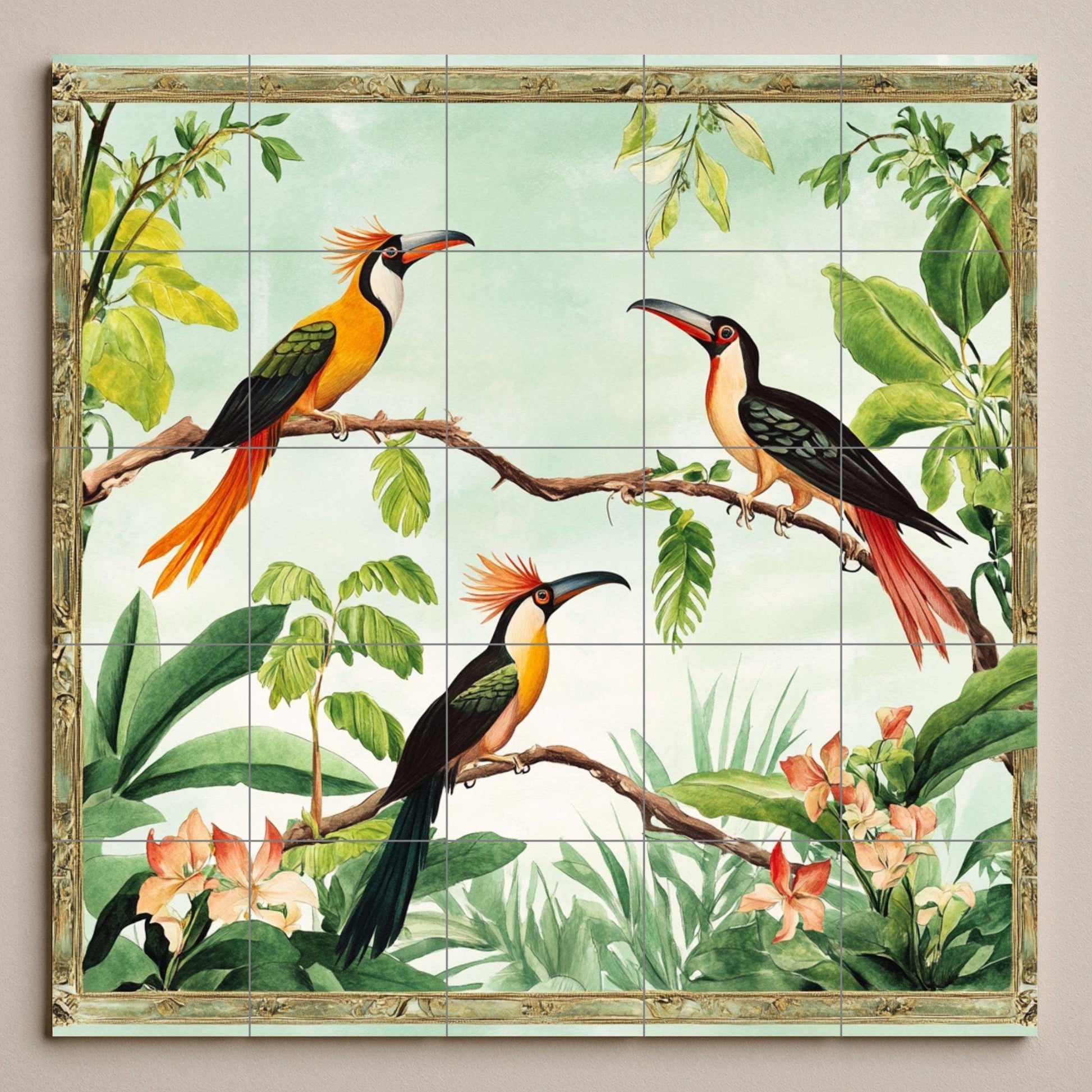 Diseño de aves tropicales exóticas, diseño · Keramik-Wandbild — Rustikale Bauernhaus-Kunst
