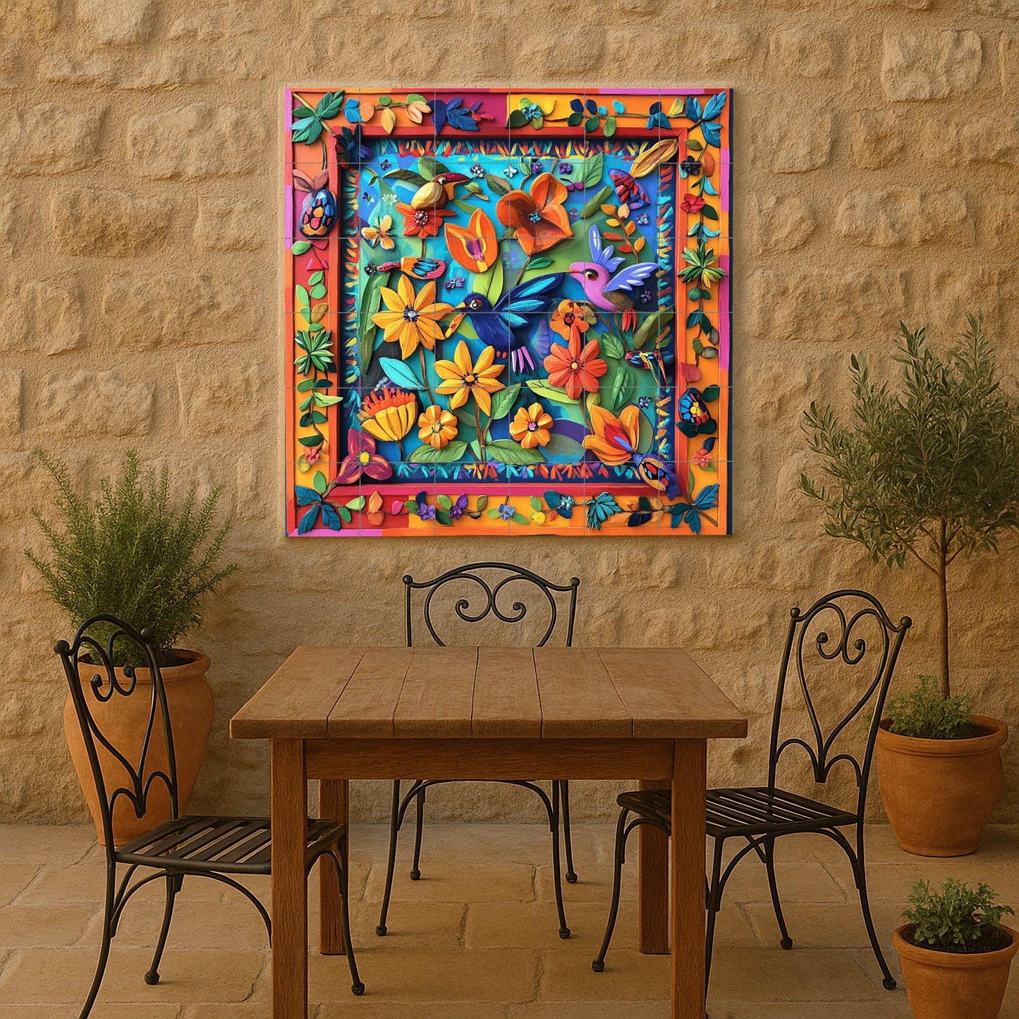 Ceramic Tile Mural: Cerámica of Art Folk Mexican with Birds and Flowers tropicales — Garden & Scenery Décor