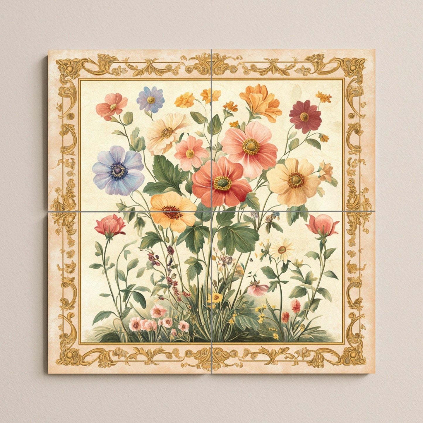 Floral con flores silvestres y borde dorado adorna · Fresque Céramique — Fleurs et Paysages