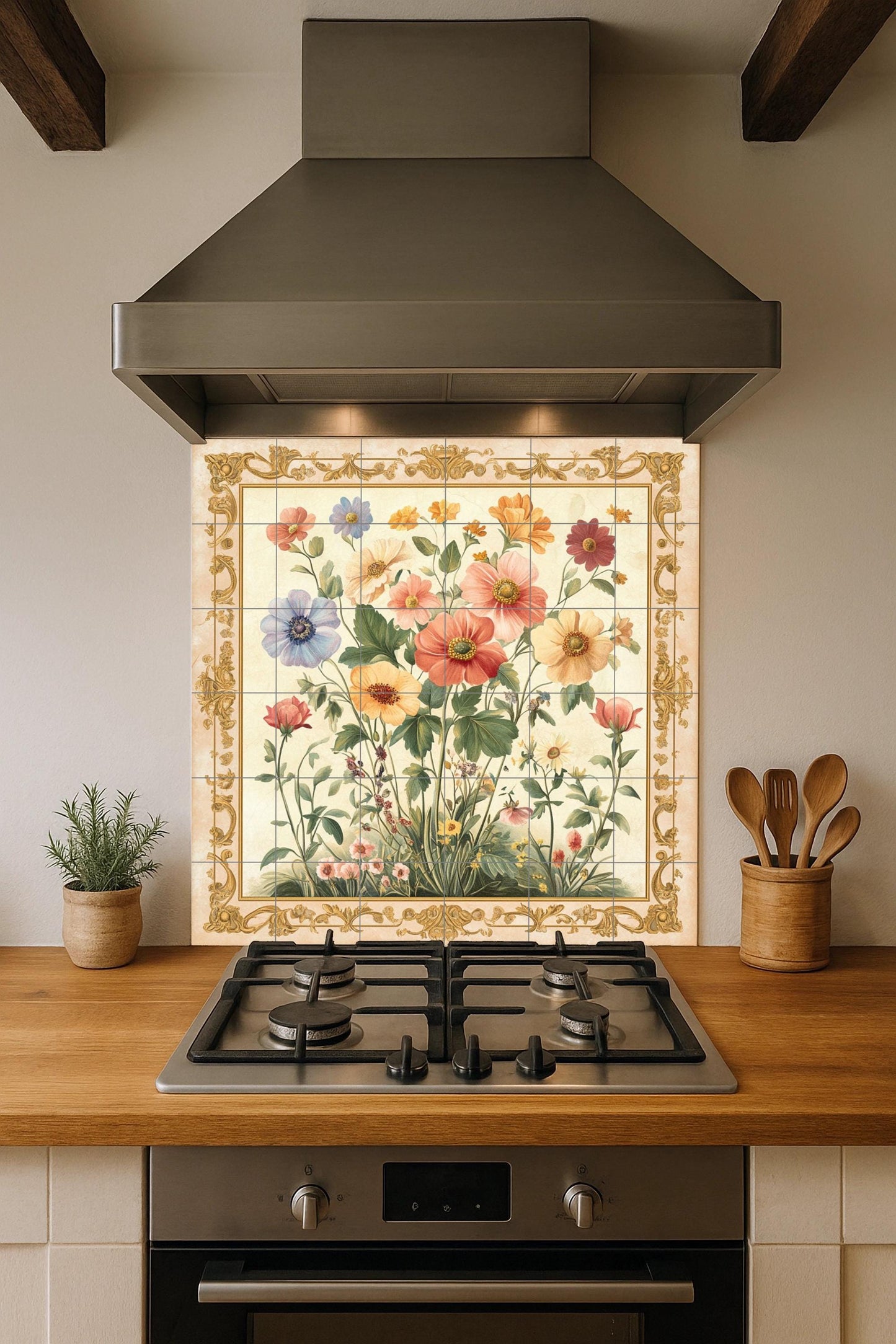 Floral con flores silvestres y borde dorado adorna · Fresque Céramique — Fleurs et Paysages