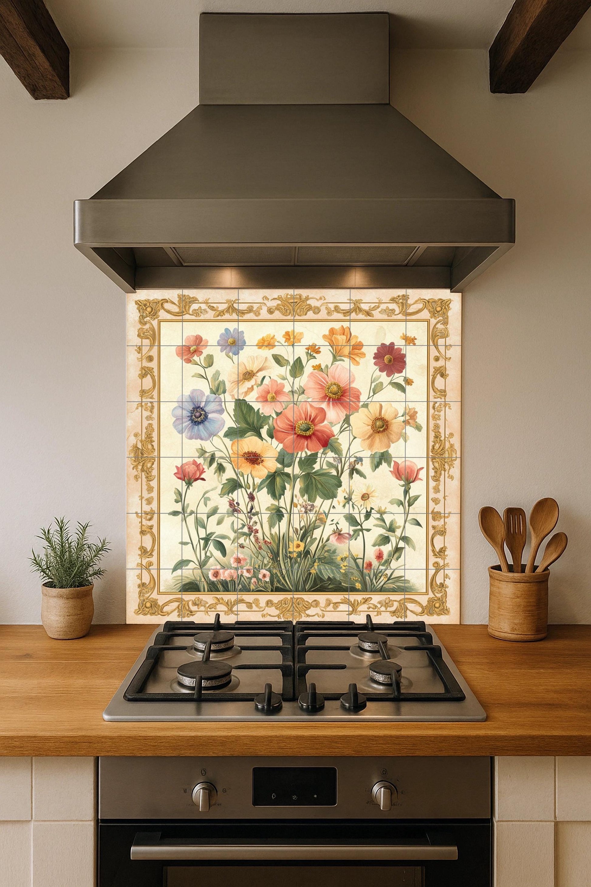 Floral con flores silvestres y borde dorado adorna · Fresque Céramique — Fleurs et Paysages