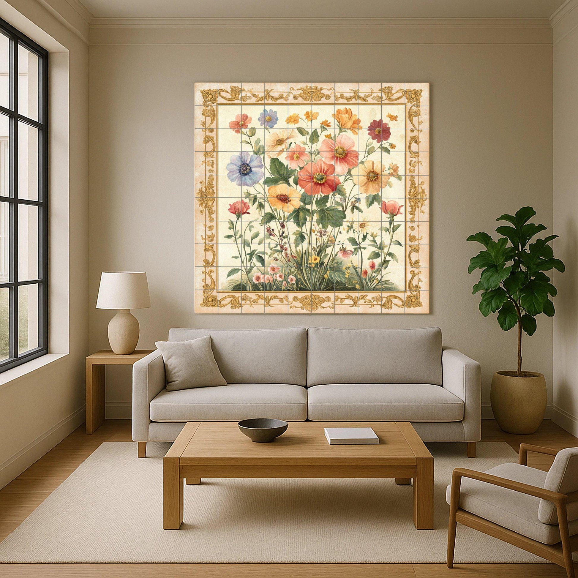 Floral con flores silvestres y borde dorado adorna · Fresque Céramique — Fleurs et Paysages