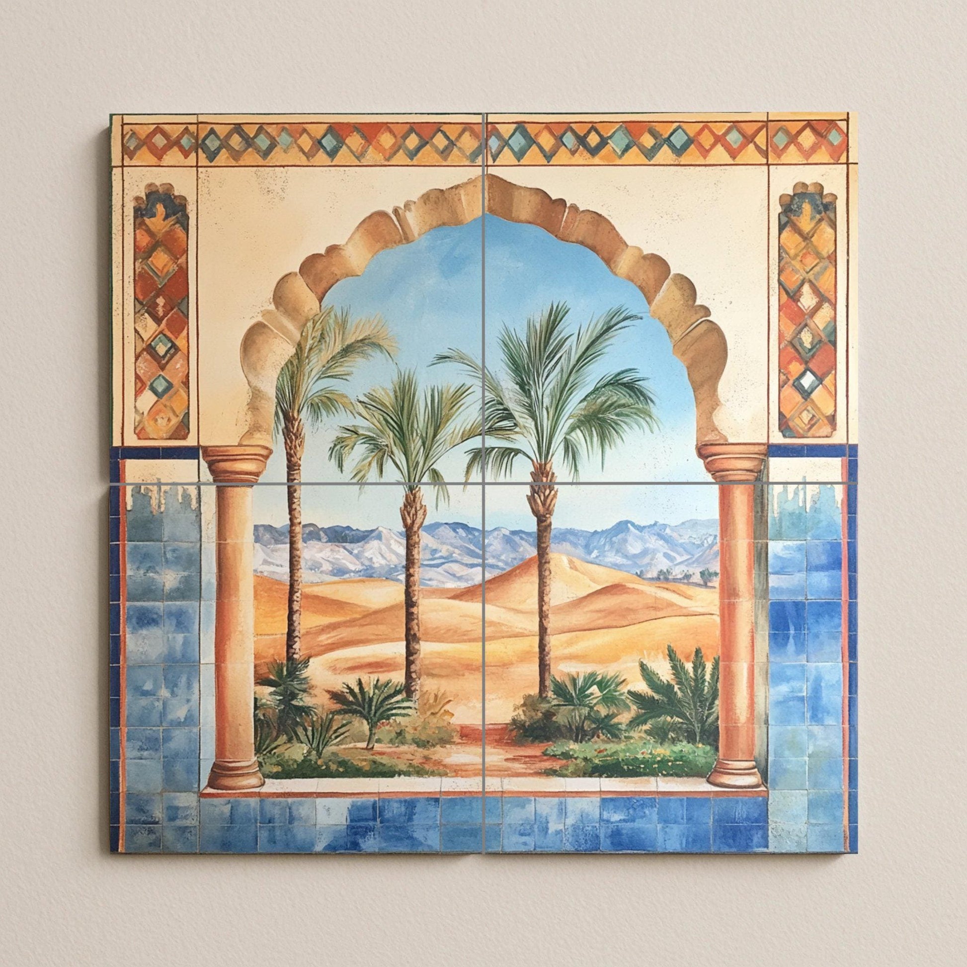 Fliesenbild Con arco morisco, oasis en el desierto y palmeras — Botanische Landschaft