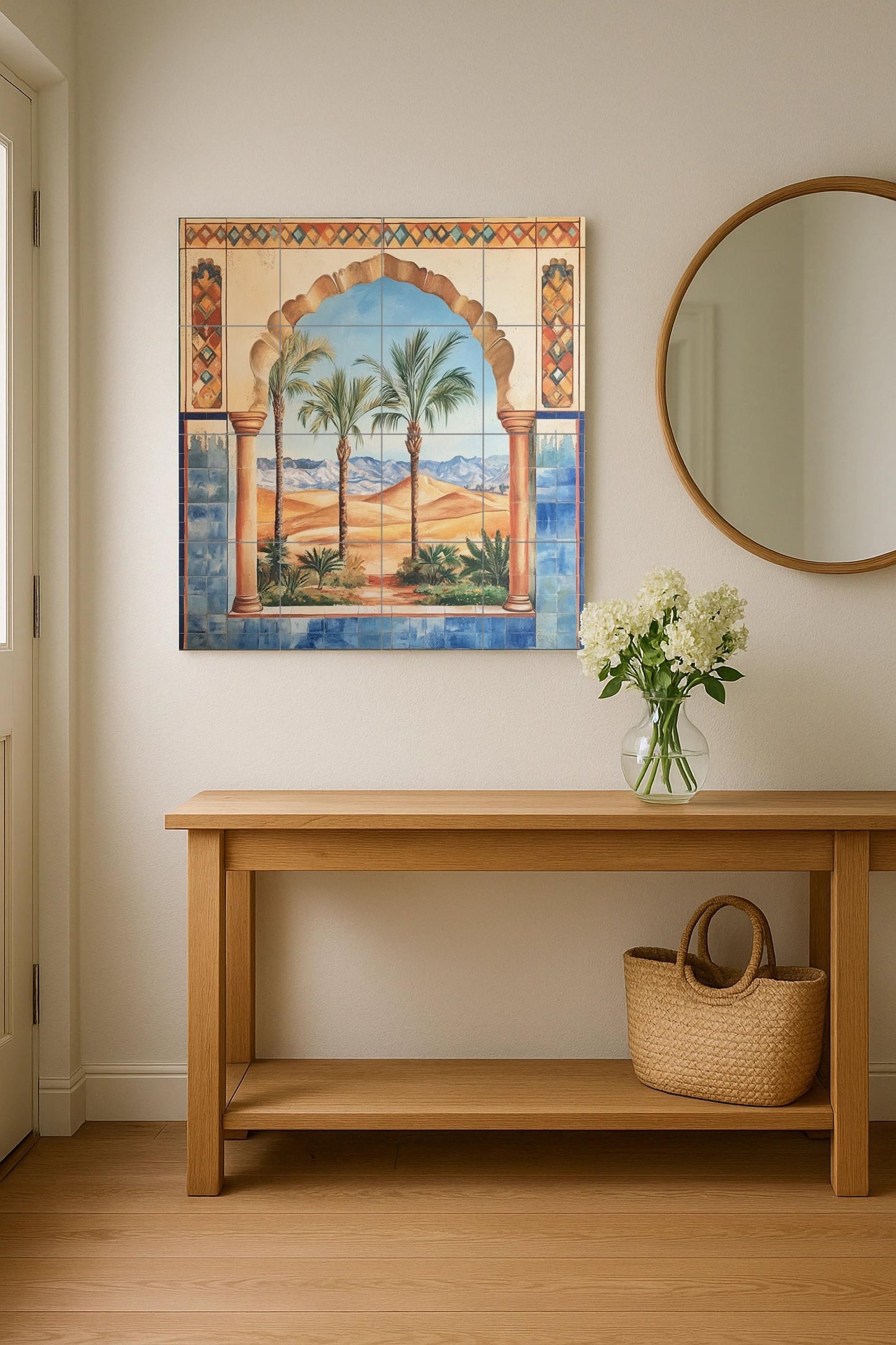 Fliesenbild Con arco morisco, oasis en el desierto y palmeras — Botanische Landschaft