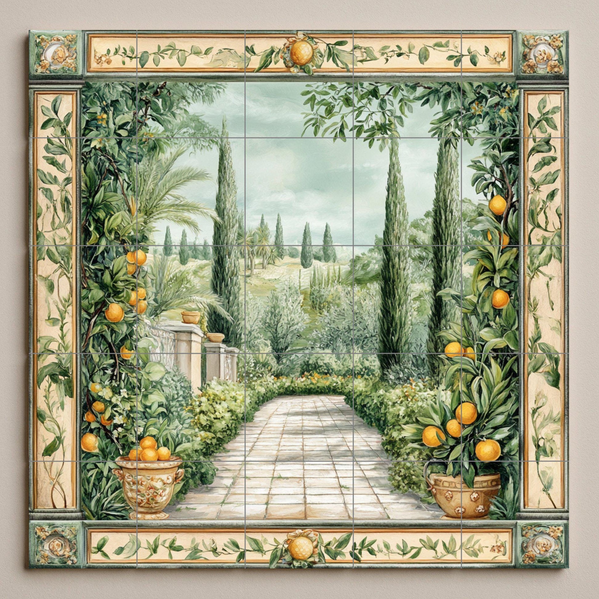 Mural de pared de cerámica de jardín mediterráneo con naranjos y…
