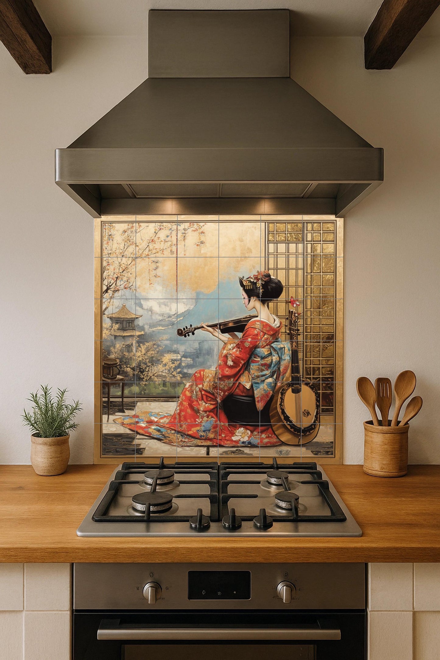 Mural de pared de cerámica de geisha con kimono rojo y violín, arte…