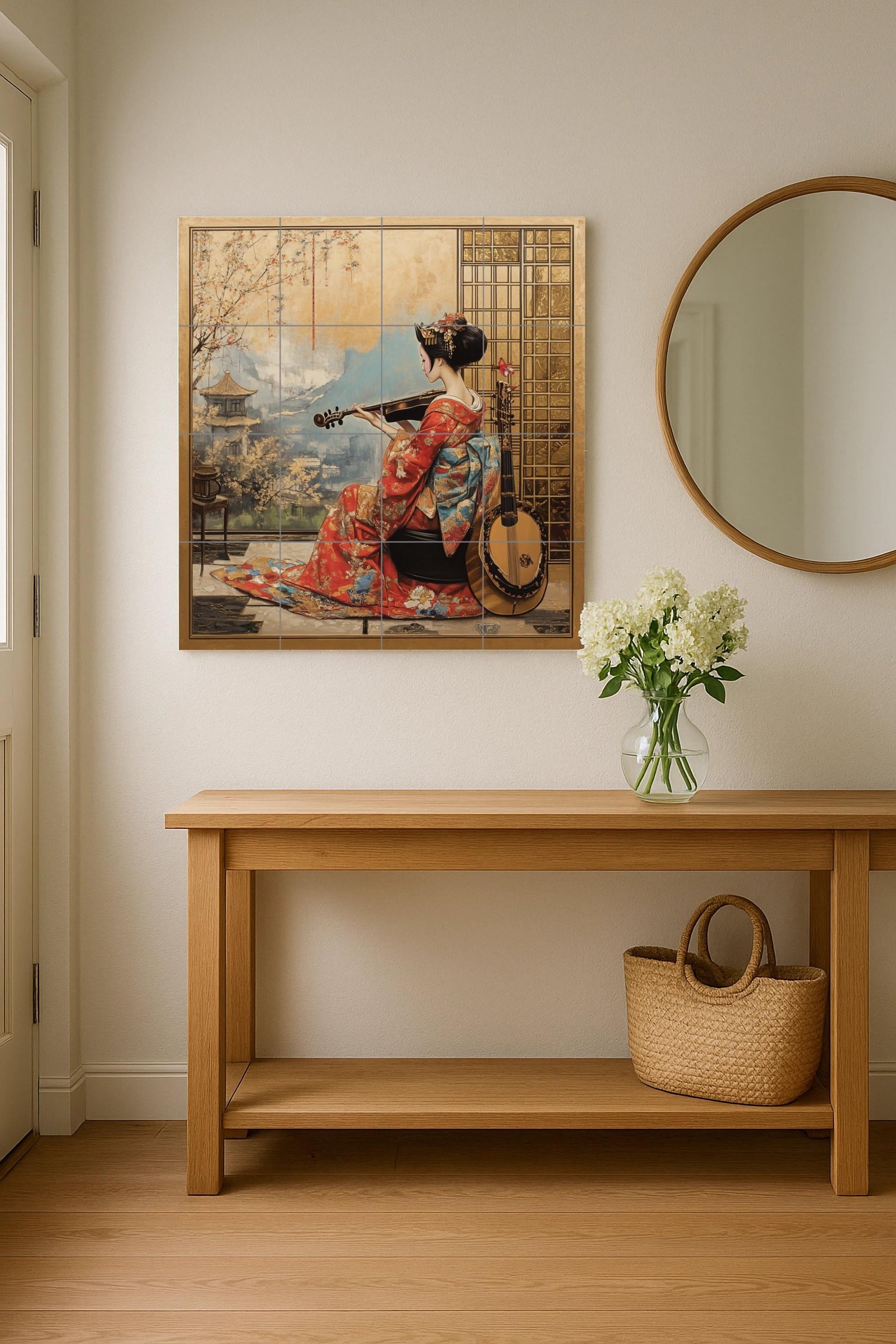 Mural de pared de cerámica de geisha con kimono rojo y violín, arte…