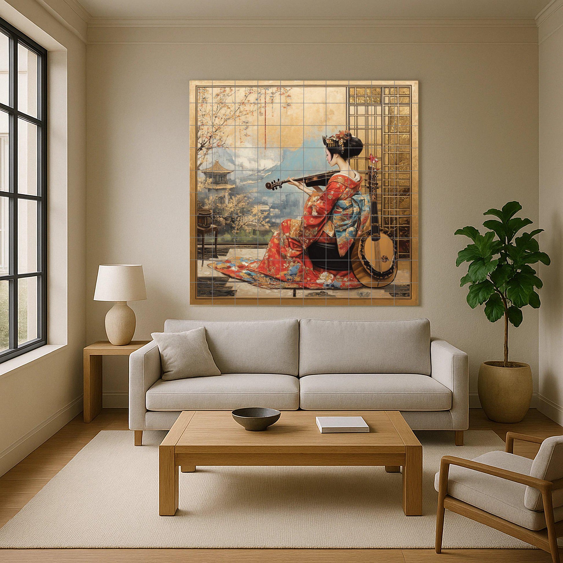 Mural de pared de cerámica de geisha con kimono rojo y violín, arte…