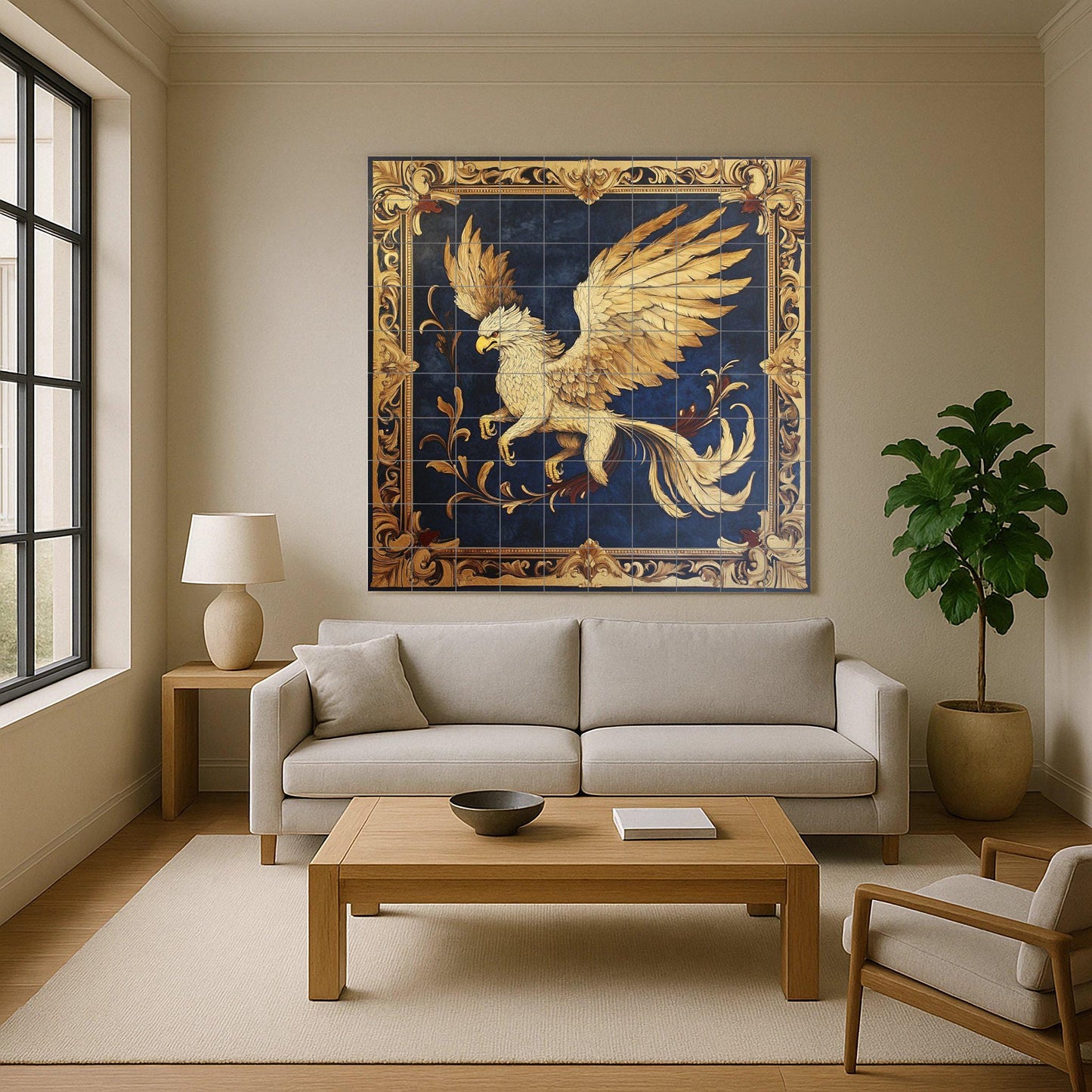 Fliesenbild Grifo dorado con marco heráldico y fondo azul o — Antiker Sagen-Dekor