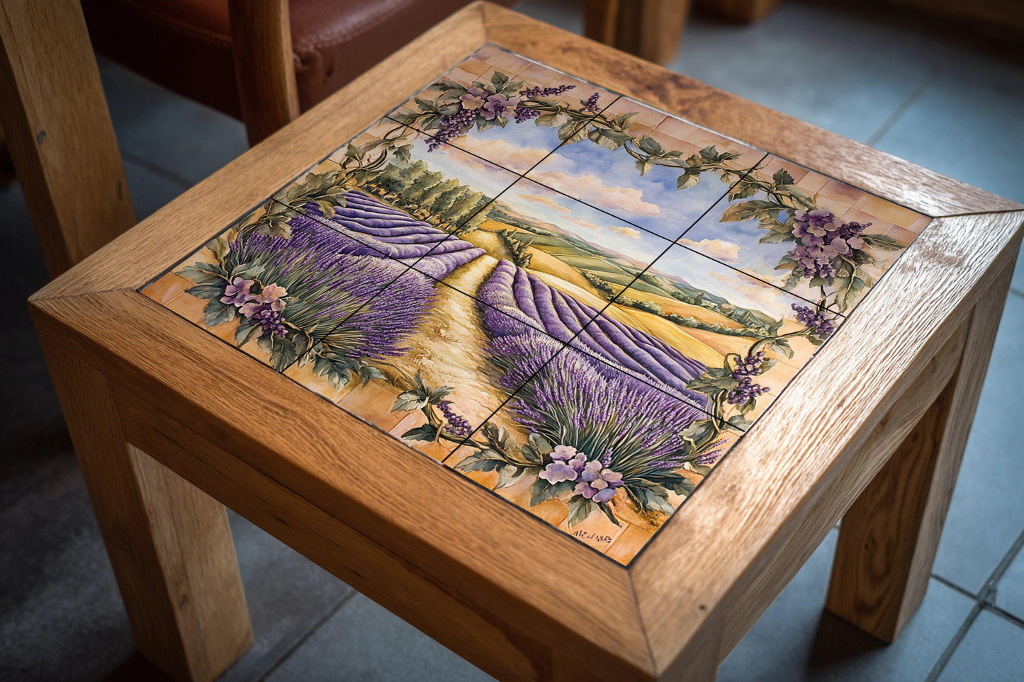 Murale in Piastrelle Con Campagna di Lavanda e Cornice di vides di la Toscan — Paesaggio Botanico