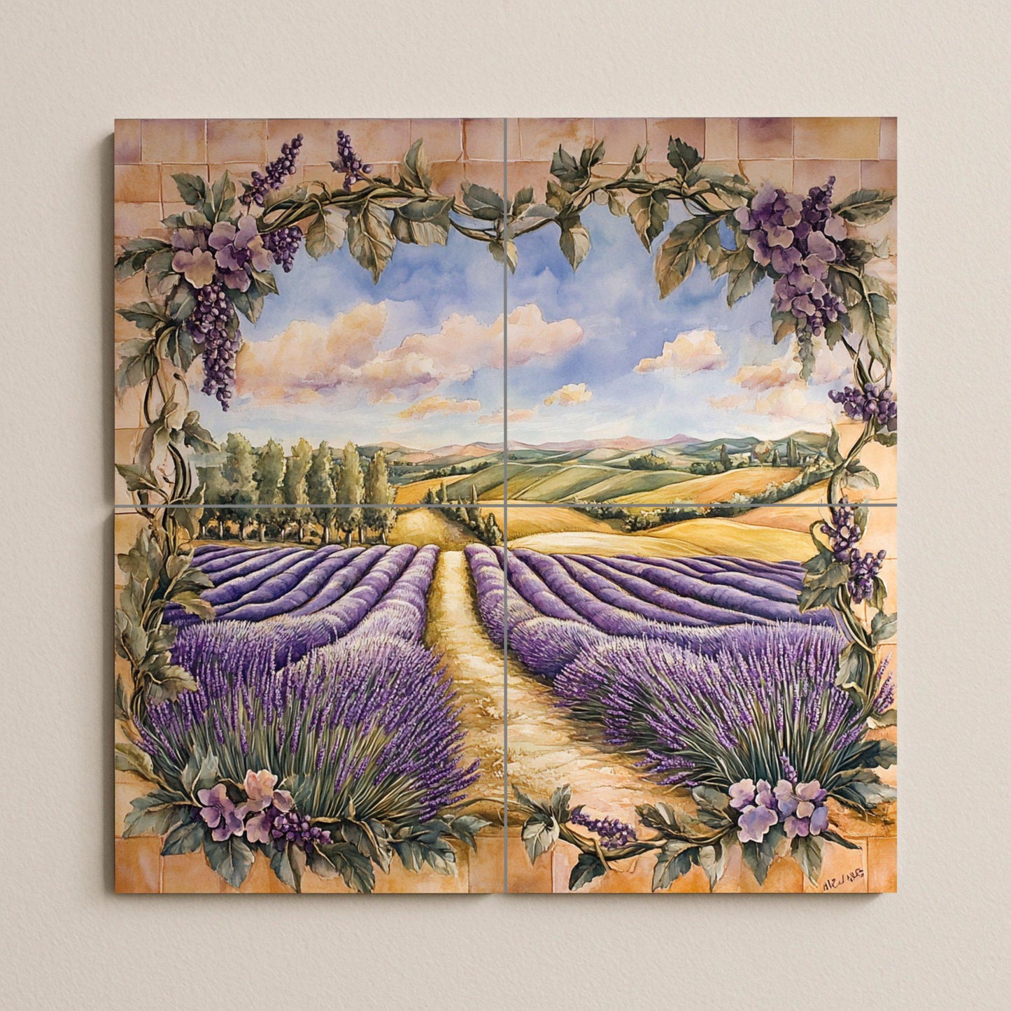 Murale in Piastrelle Con Campagna di Lavanda e Cornice di vides di la Toscan — Paesaggio Botanico