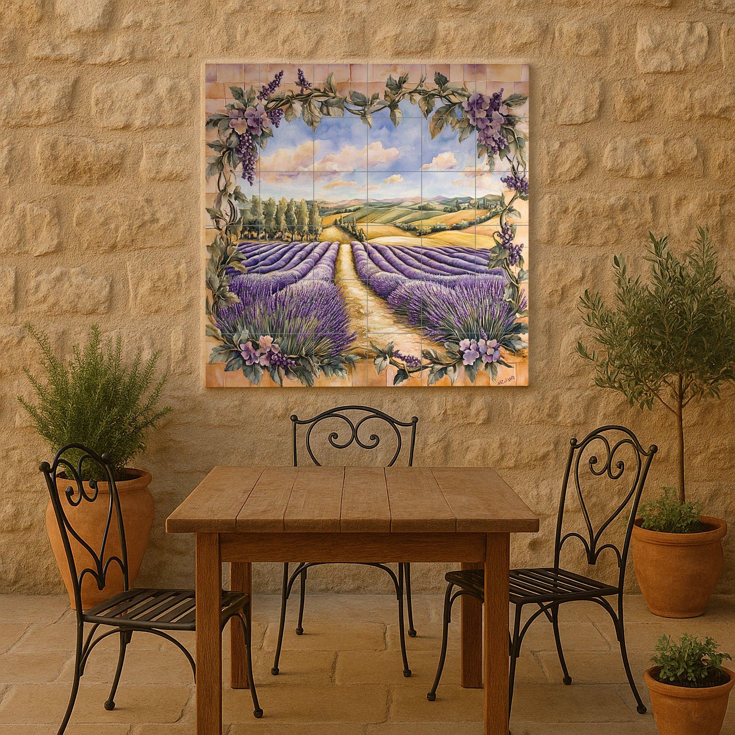 Murale in Piastrelle Con Campagna di Lavanda e Cornice di vides di la Toscan — Paesaggio Botanico