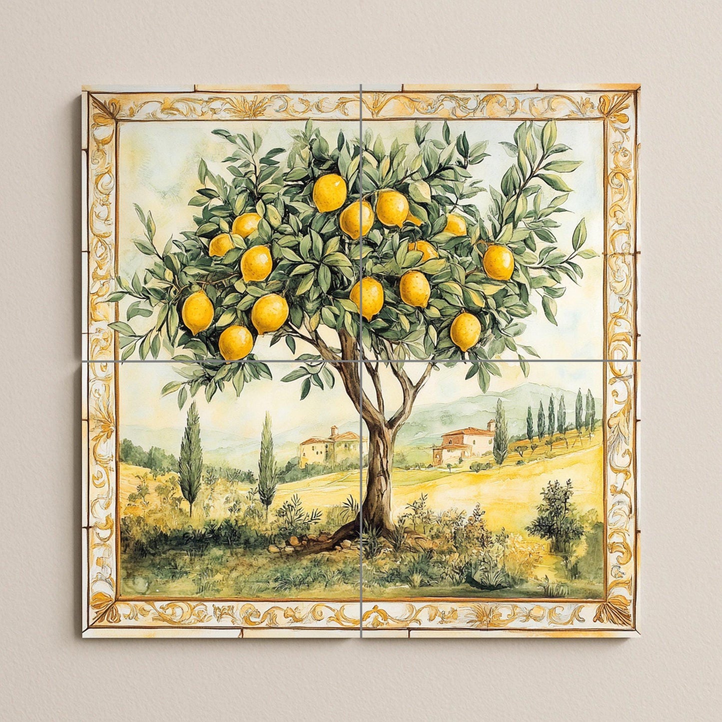 Fliesenbild Limonero con paisaje toscano y borde dorado, ar — Küchen- & Landszene