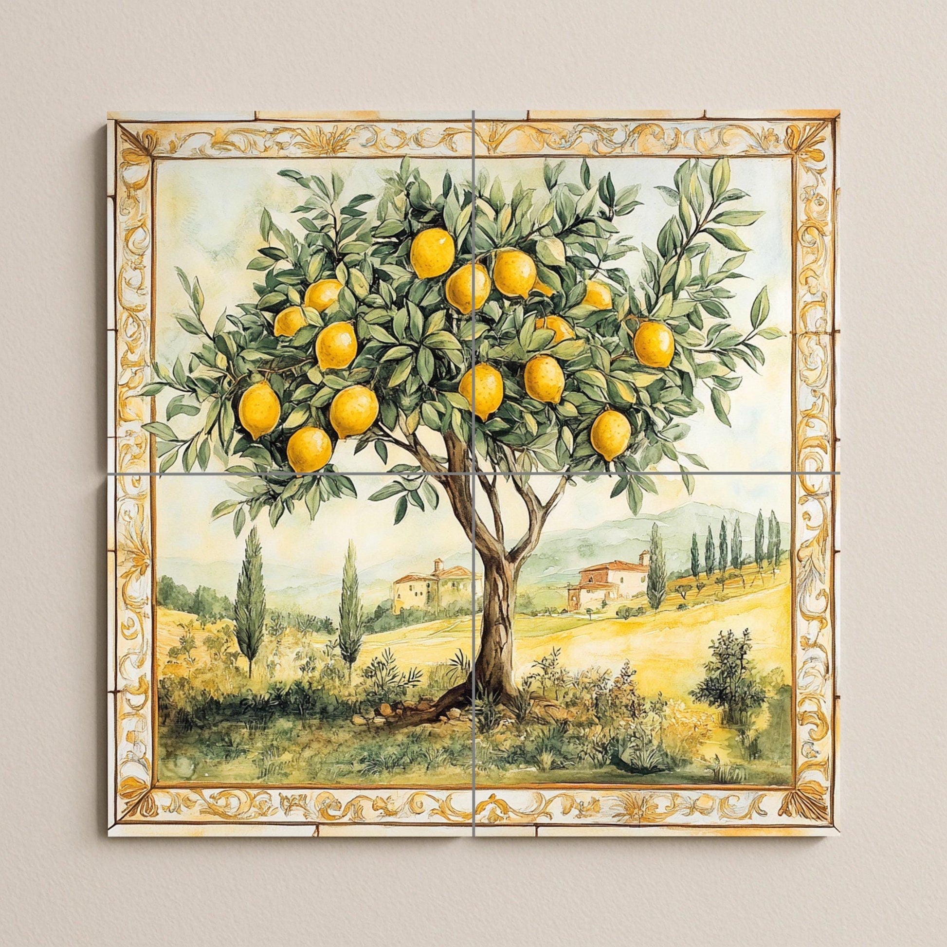 Fliesenbild Limonero con paisaje toscano y borde dorado, ar — Küchen- & Landszene