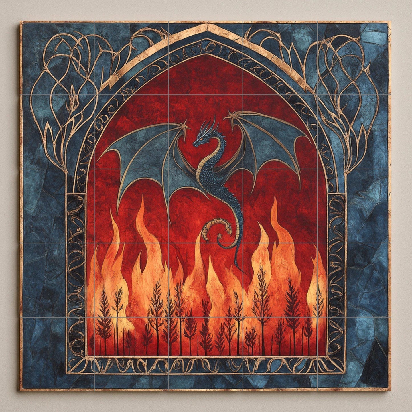 Dragón medieval con diseño de arco gótico y fue — Fliesen-Wandbild aus Keramik · Mythologische Szene