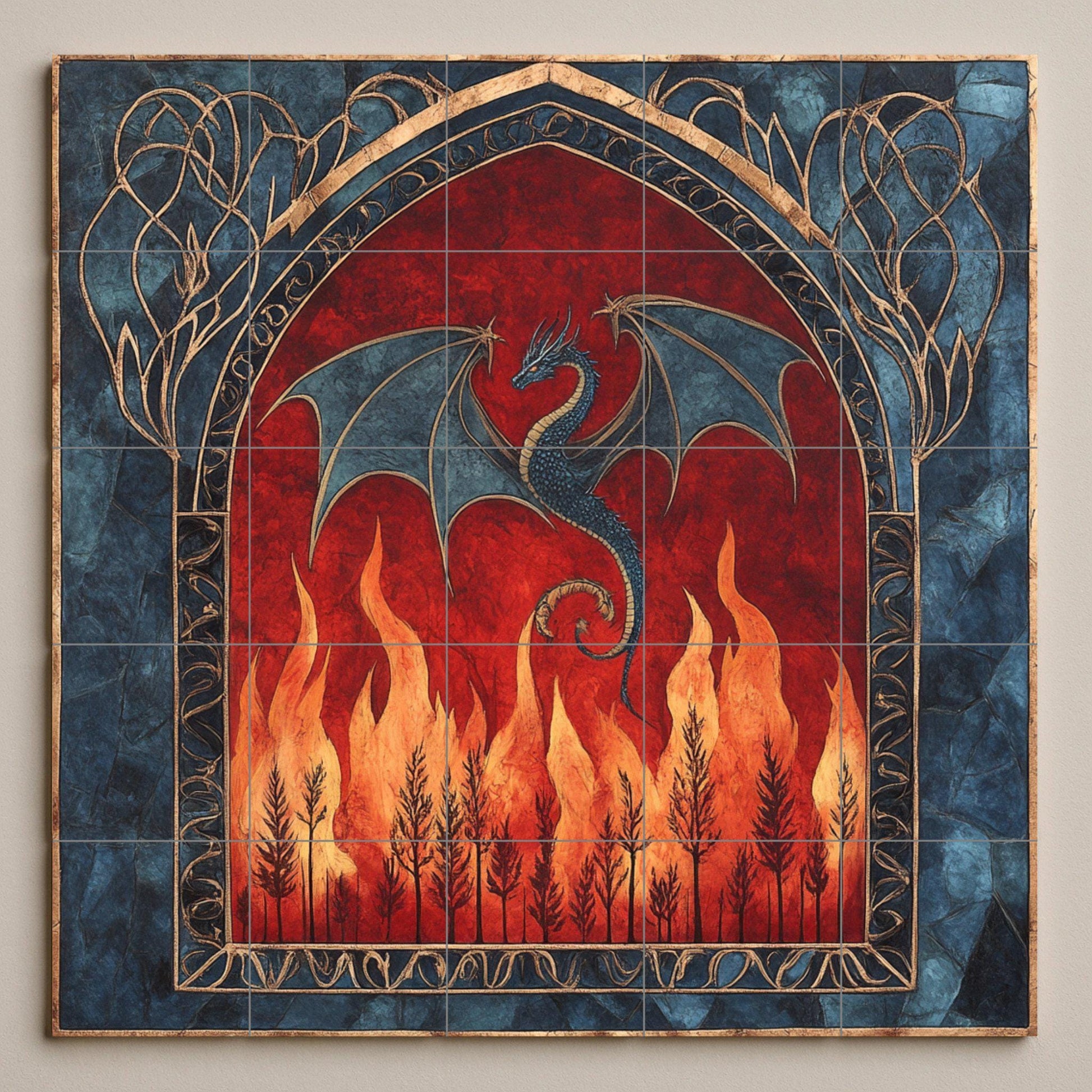 Dragón medieval con diseño de arco gótico y fue — Fliesen-Wandbild aus Keramik · Mythologische Szene