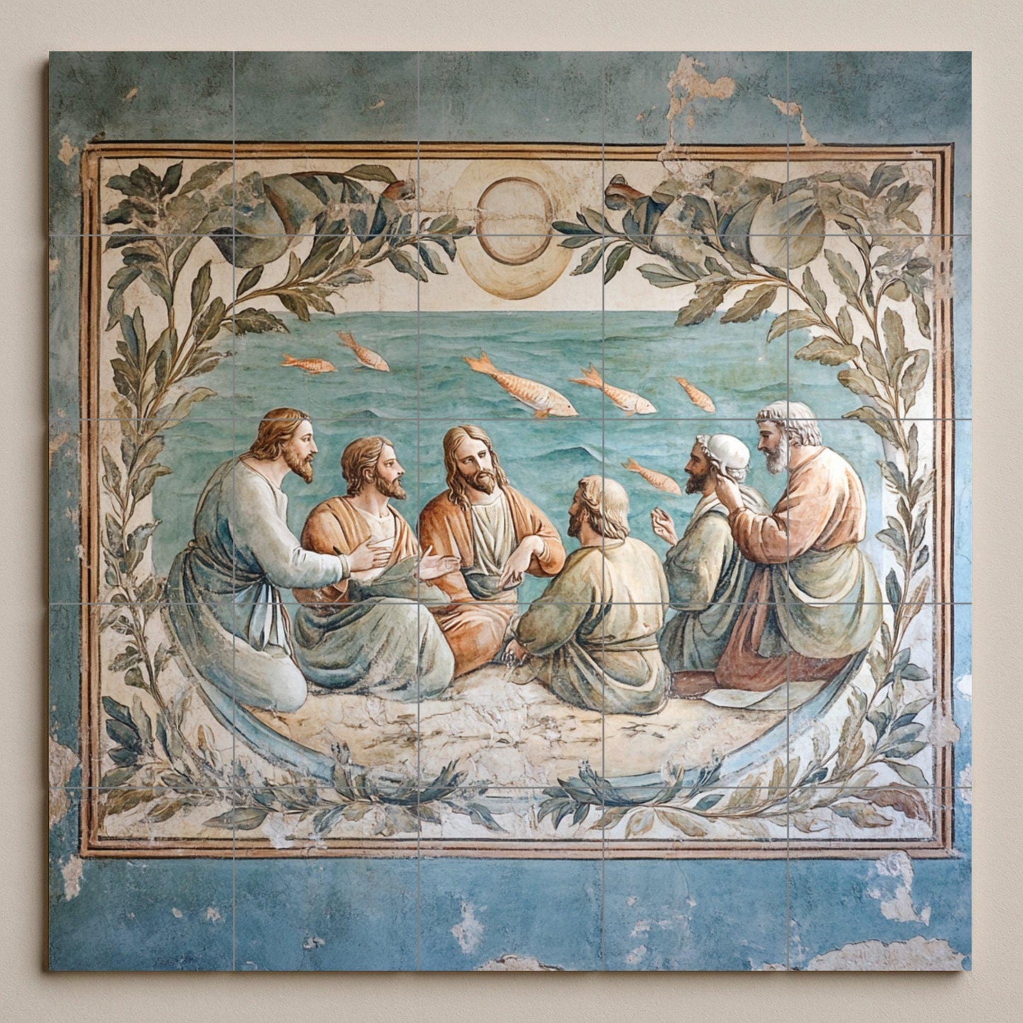 Mural de cerámica bíblico con Jesús y los apóstoles junto al mar…