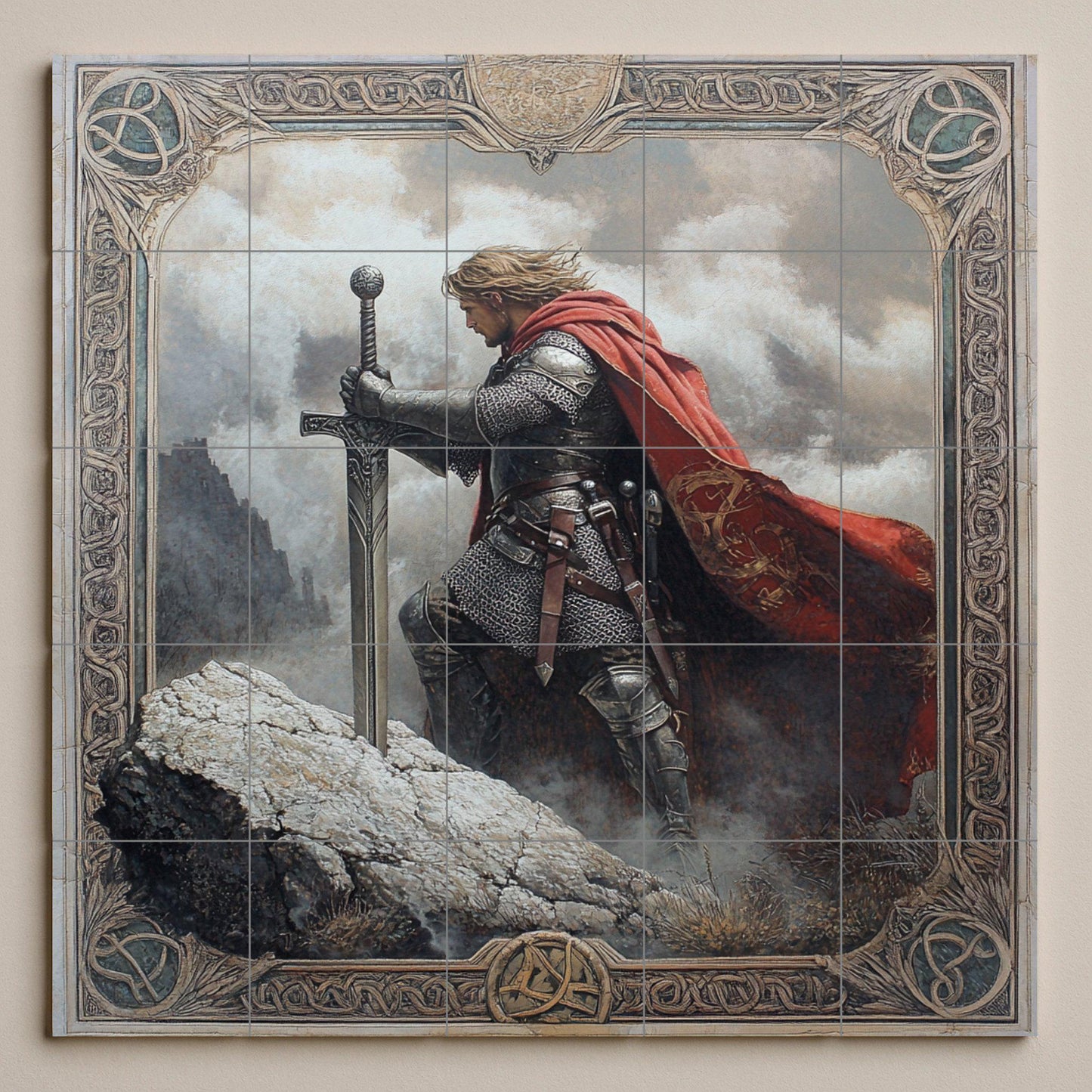 Mural de pared de cerámica de caballero medieval con espada y capa…