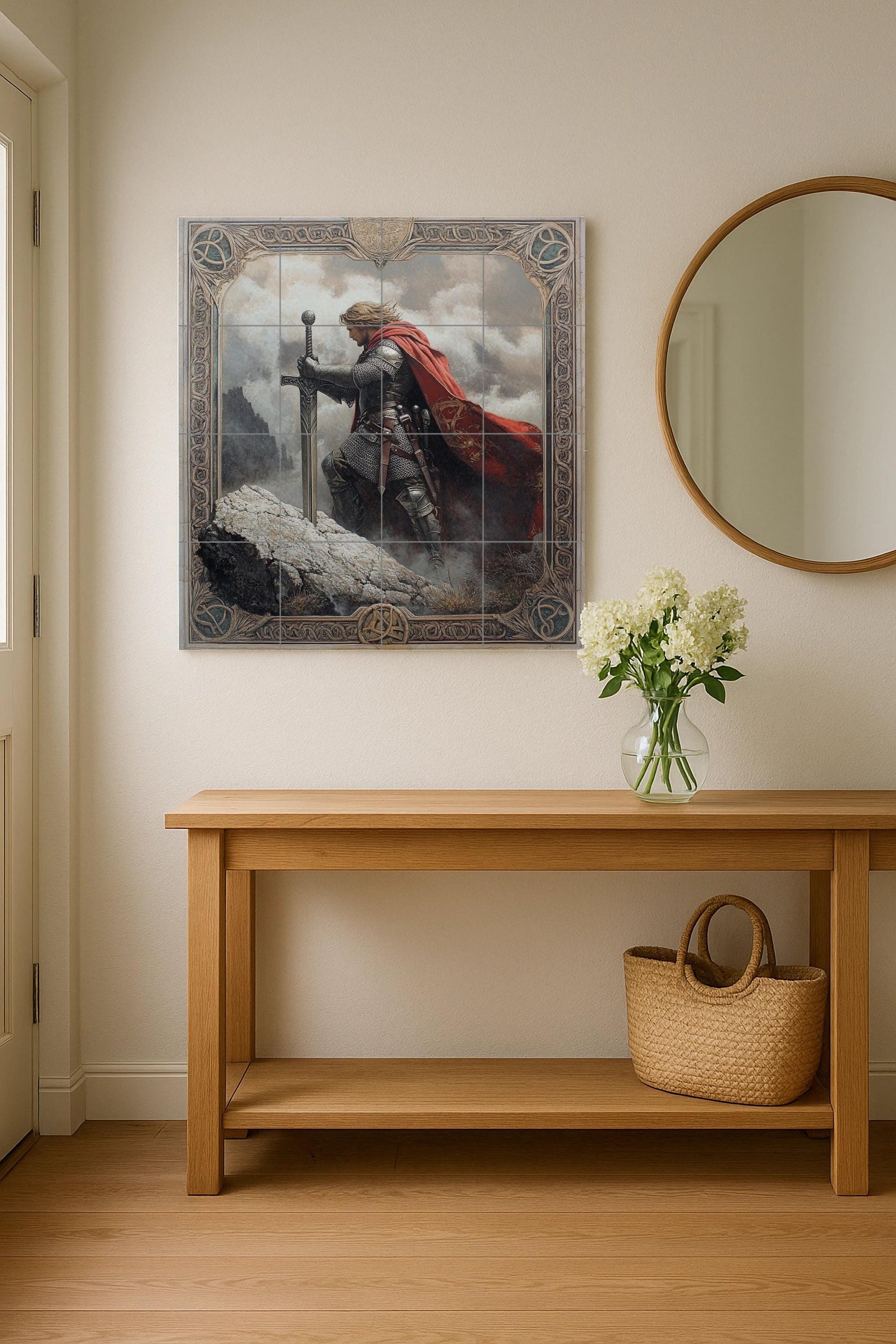 Mural de pared de cerámica de caballero medieval con espada y capa…