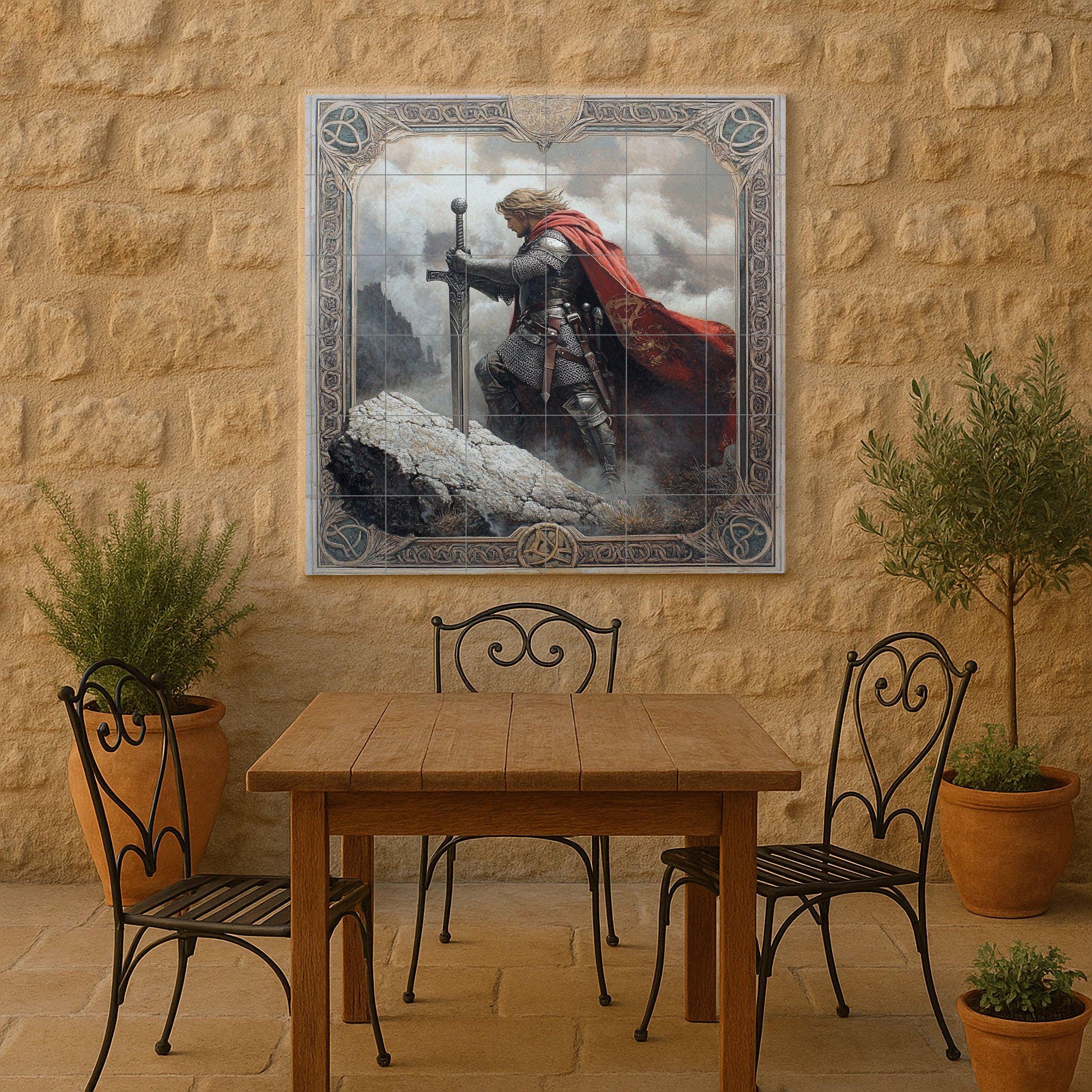 Mural de pared de cerámica de caballero medieval con espada y capa…