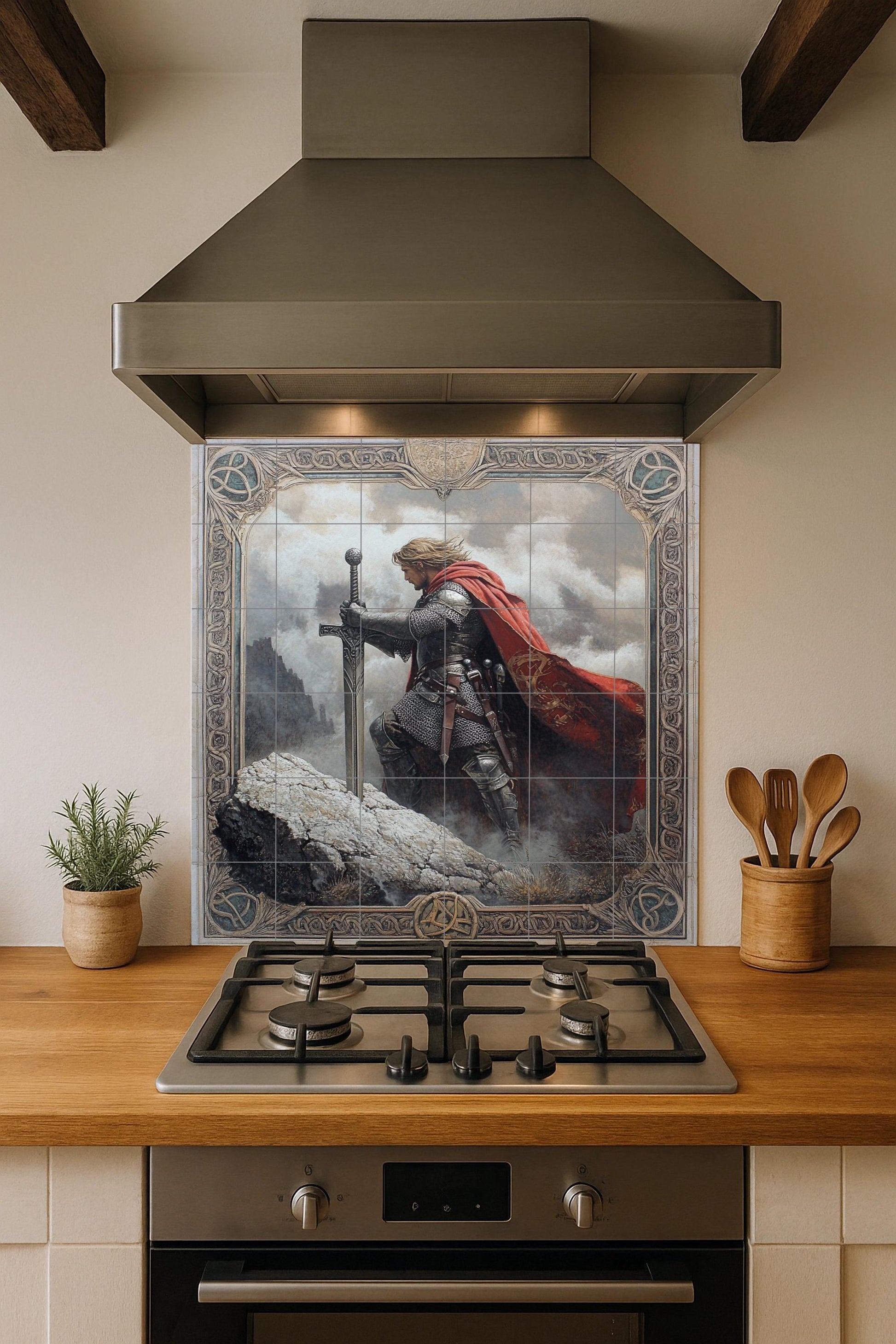 Mural de pared de cerámica de caballero medieval con espada y capa…