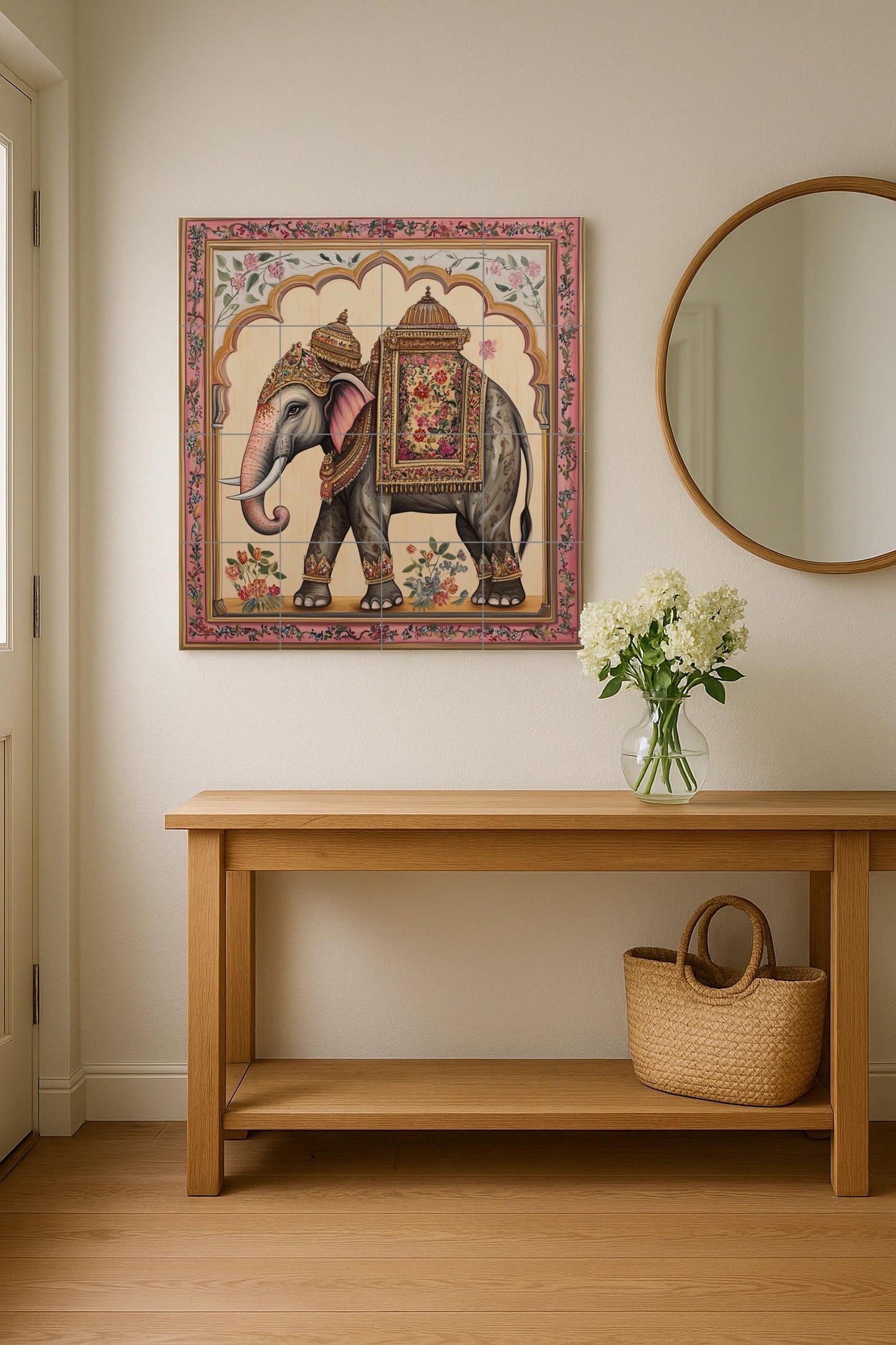 Elefante indio con silla de montar ornamentada · Ceramic Wall Mural — Nature Wall Art