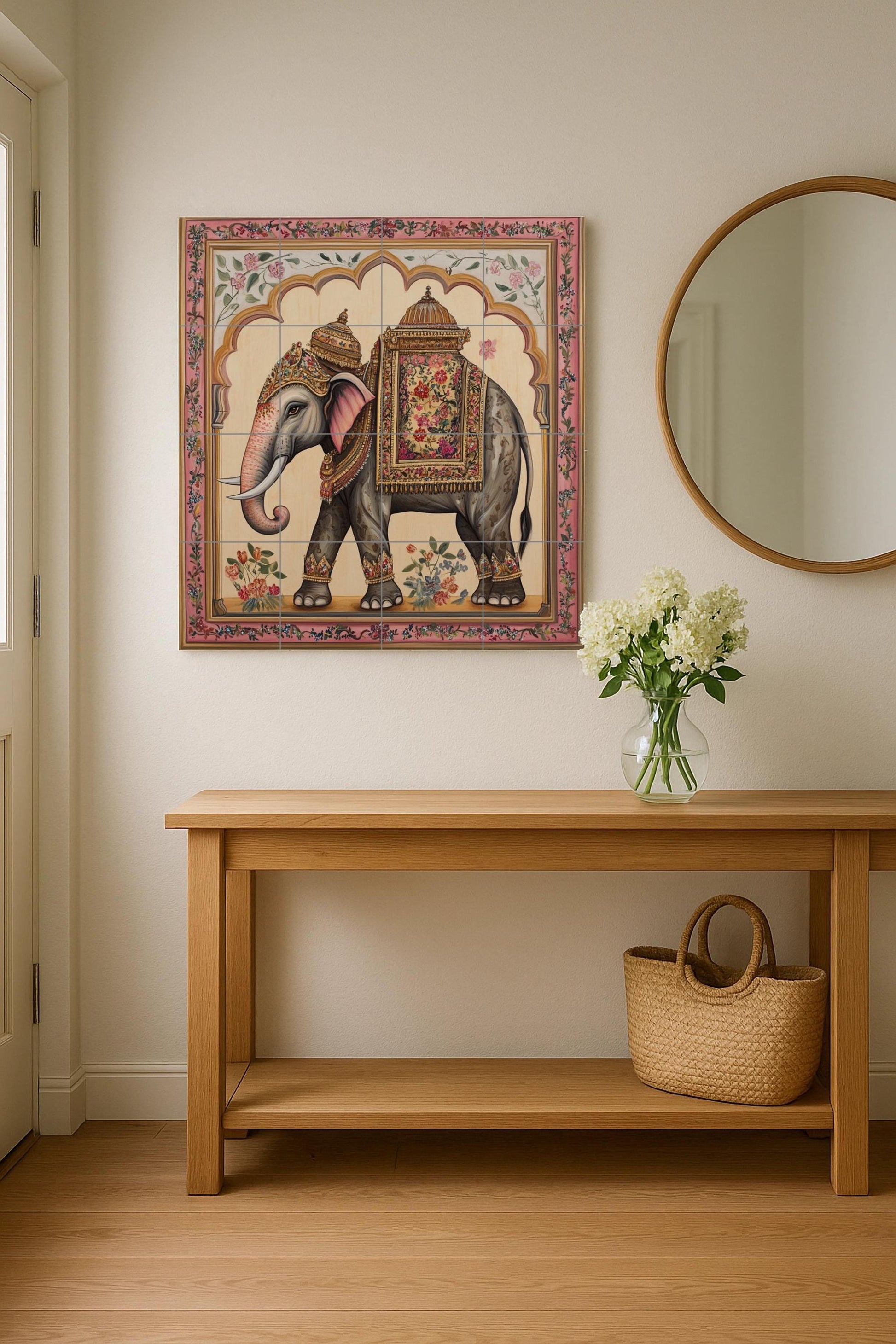 Elefante indio con silla de montar ornamentada · Ceramic Wall Mural — Nature Wall Art