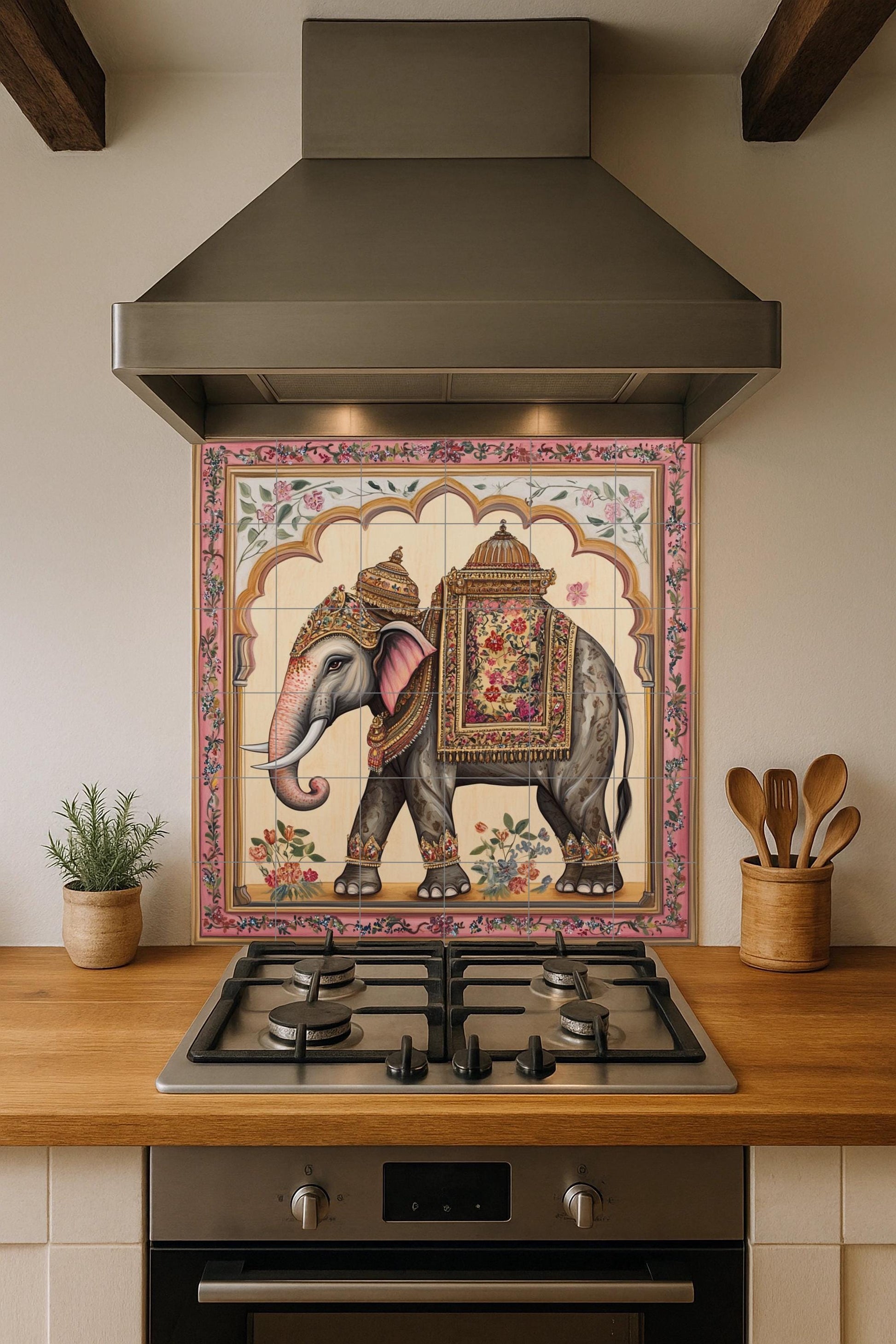 Elefante indio con silla de montar ornamentada · Ceramic Wall Mural — Nature Wall Art