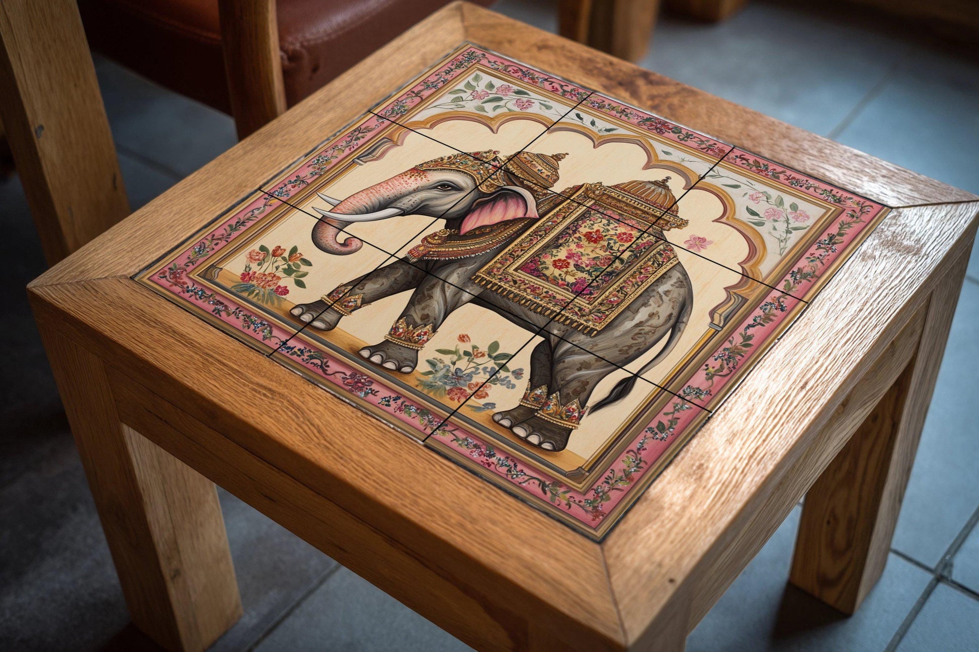 Elefante indio con silla de montar ornamentada · Ceramic Wall Mural — Nature Wall Art
