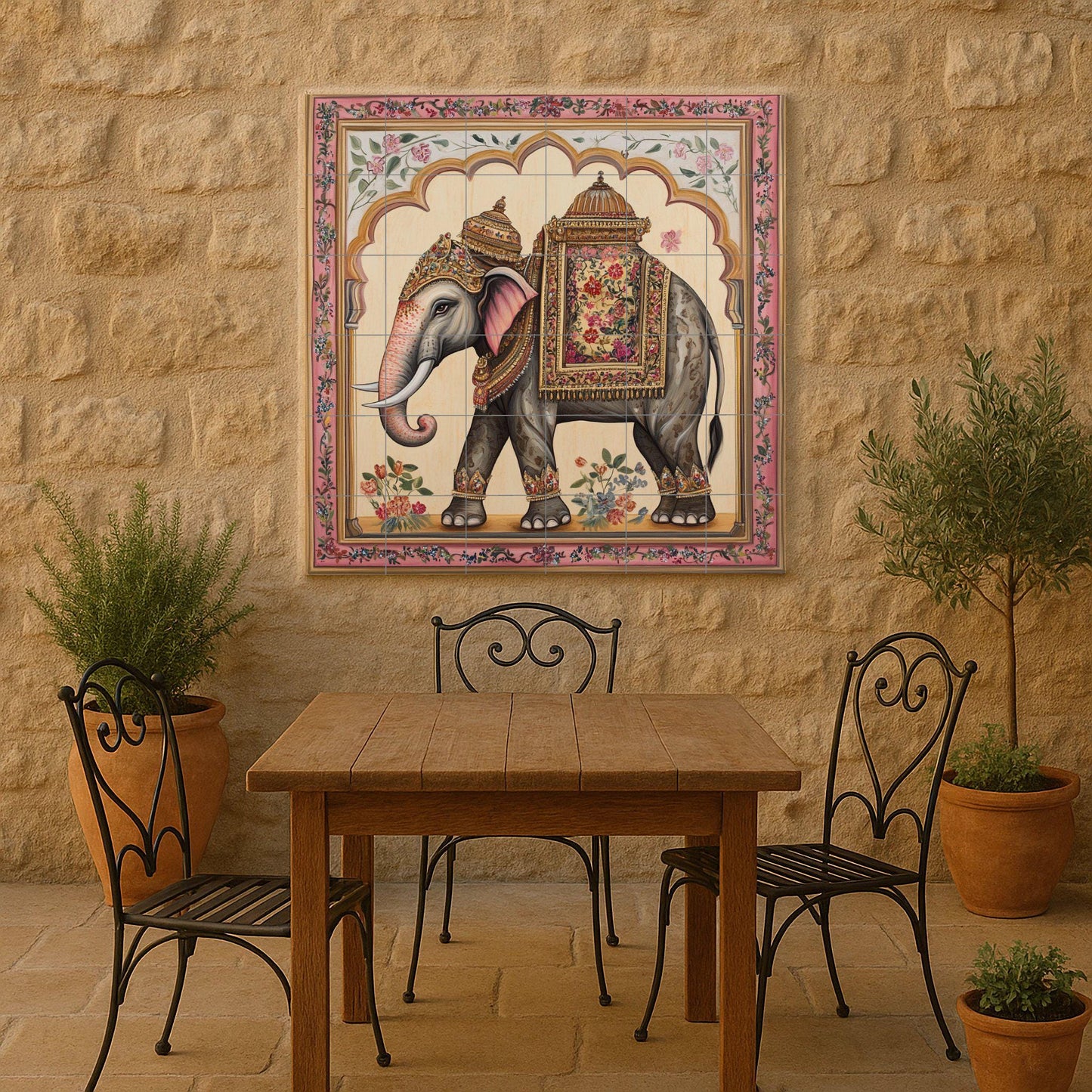 Elefante indio con silla de montar ornamentada · Ceramic Wall Mural — Nature Wall Art