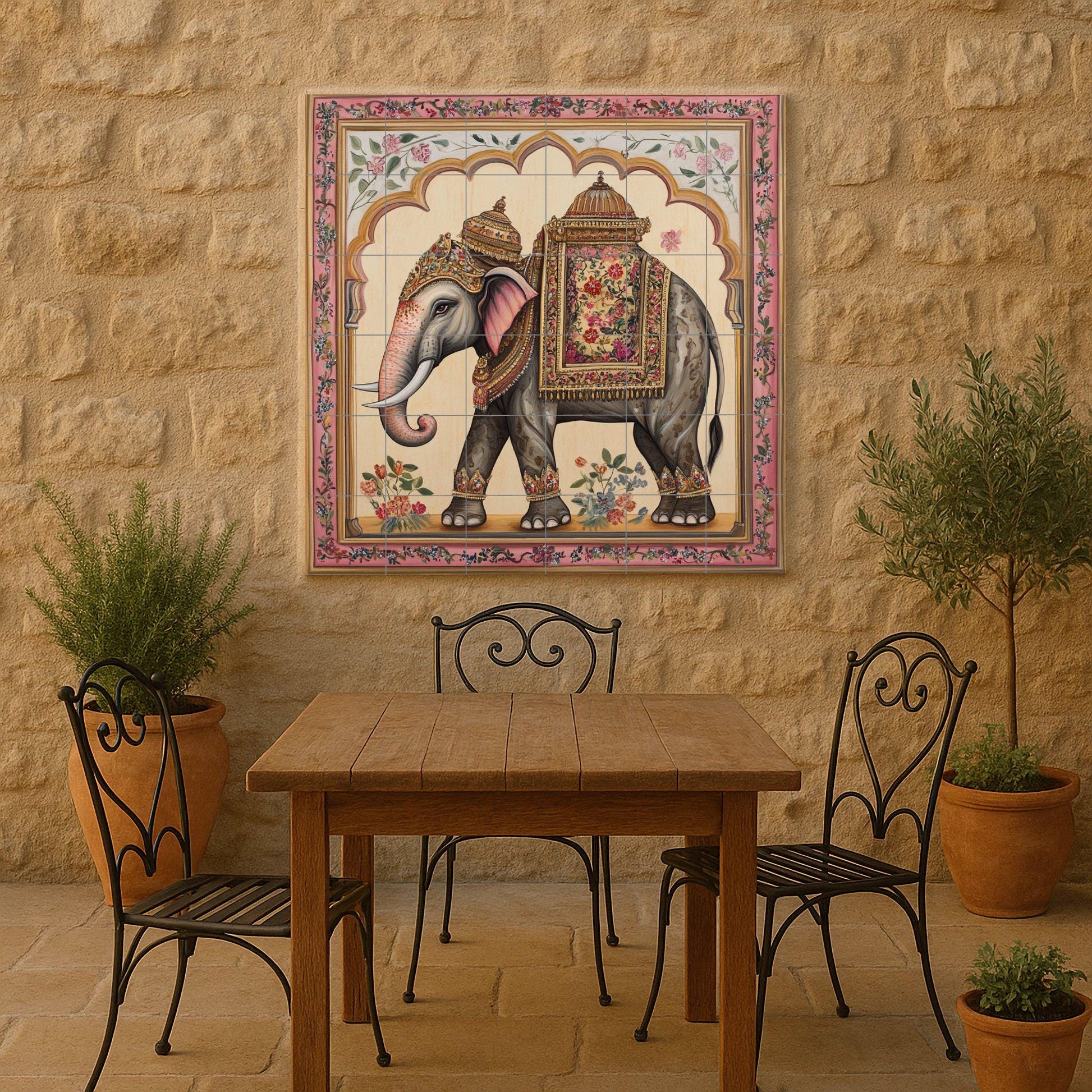 Elefante indio con silla de montar ornamentada · Ceramic Wall Mural — Nature Wall Art