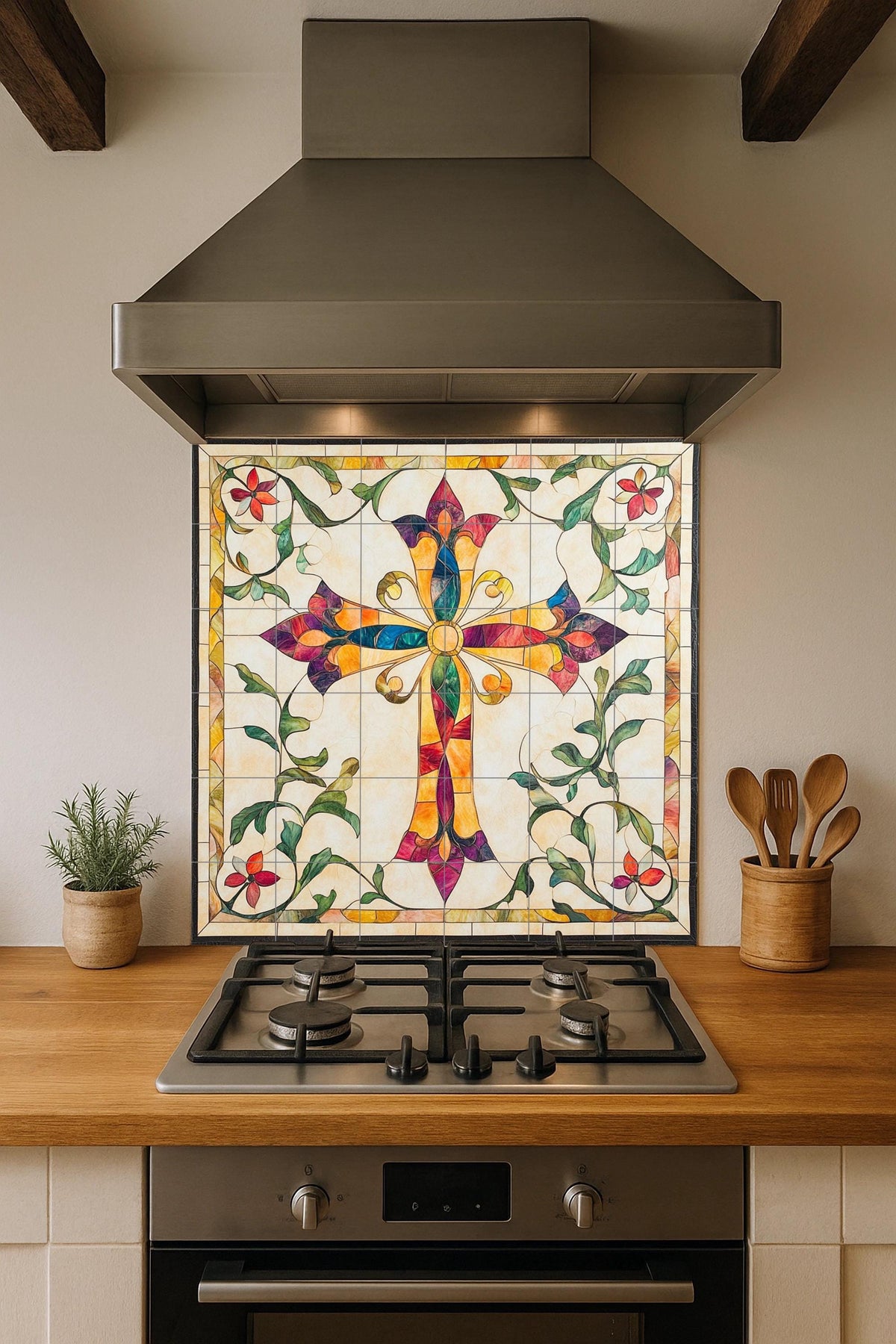 Mural de pared de cerámica con forma de cruz de colores con adornos…