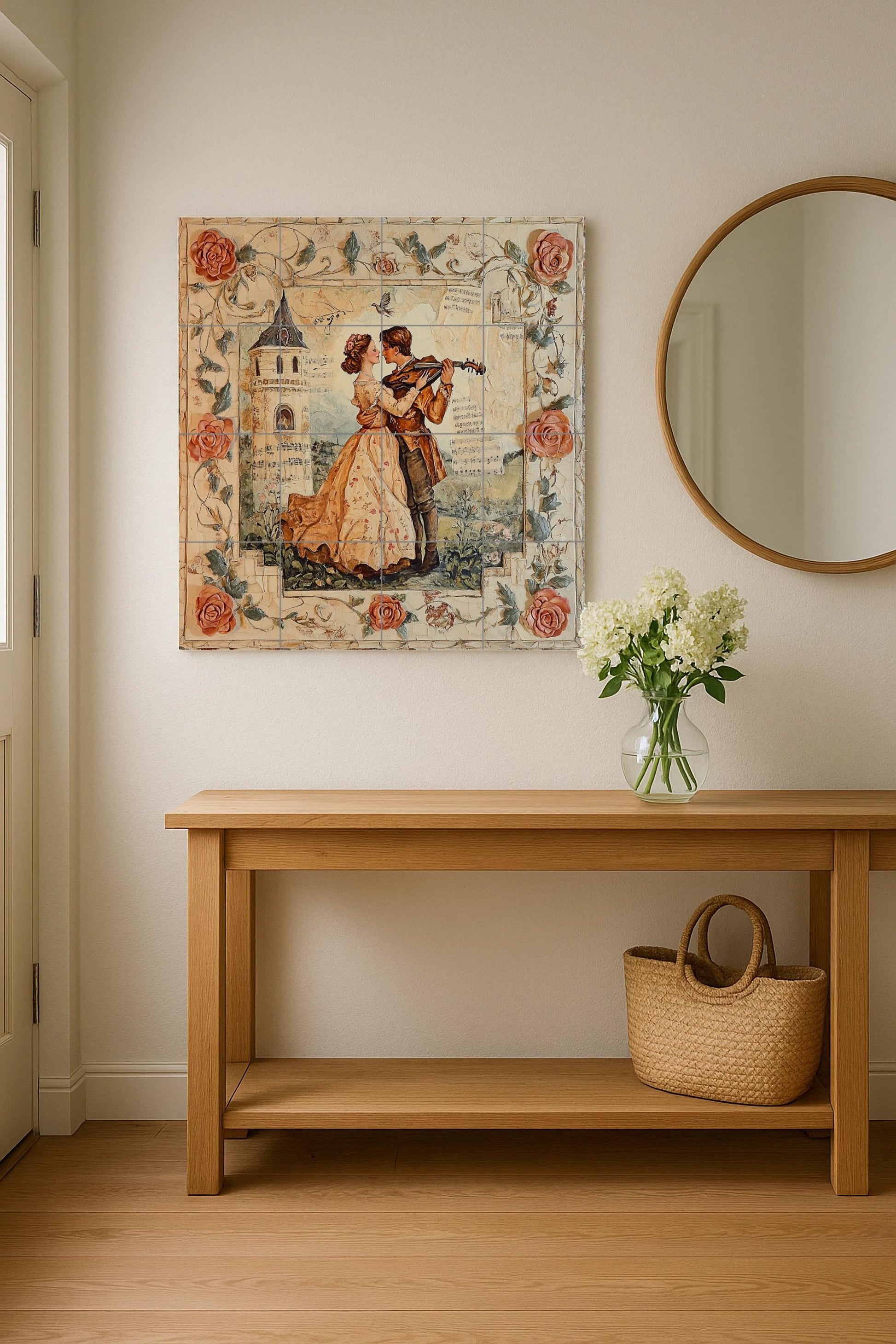 Mural de pared de cerámica de pareja romántica con serenata de violín…