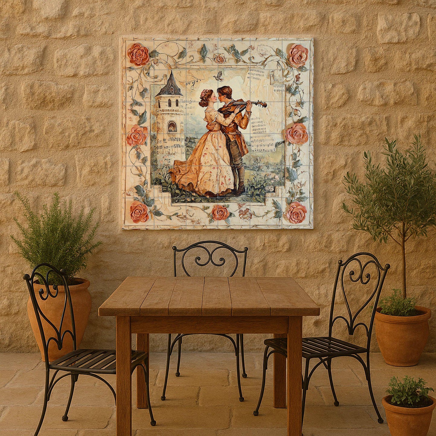 Mural de pared de cerámica de pareja romántica con serenata de violín…