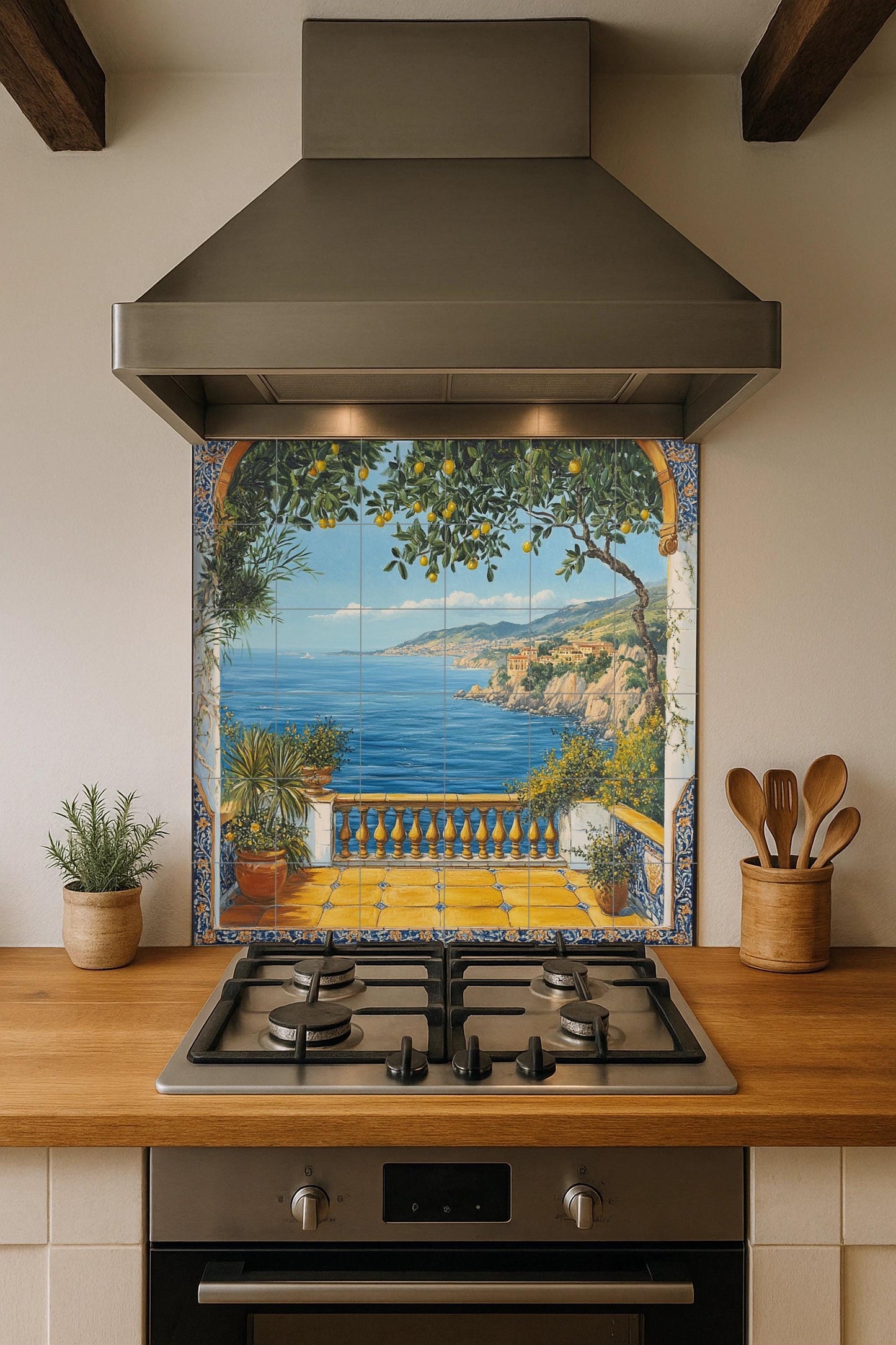 Mural de pared de cerámica de limonero mediterráneo con vista al mar…