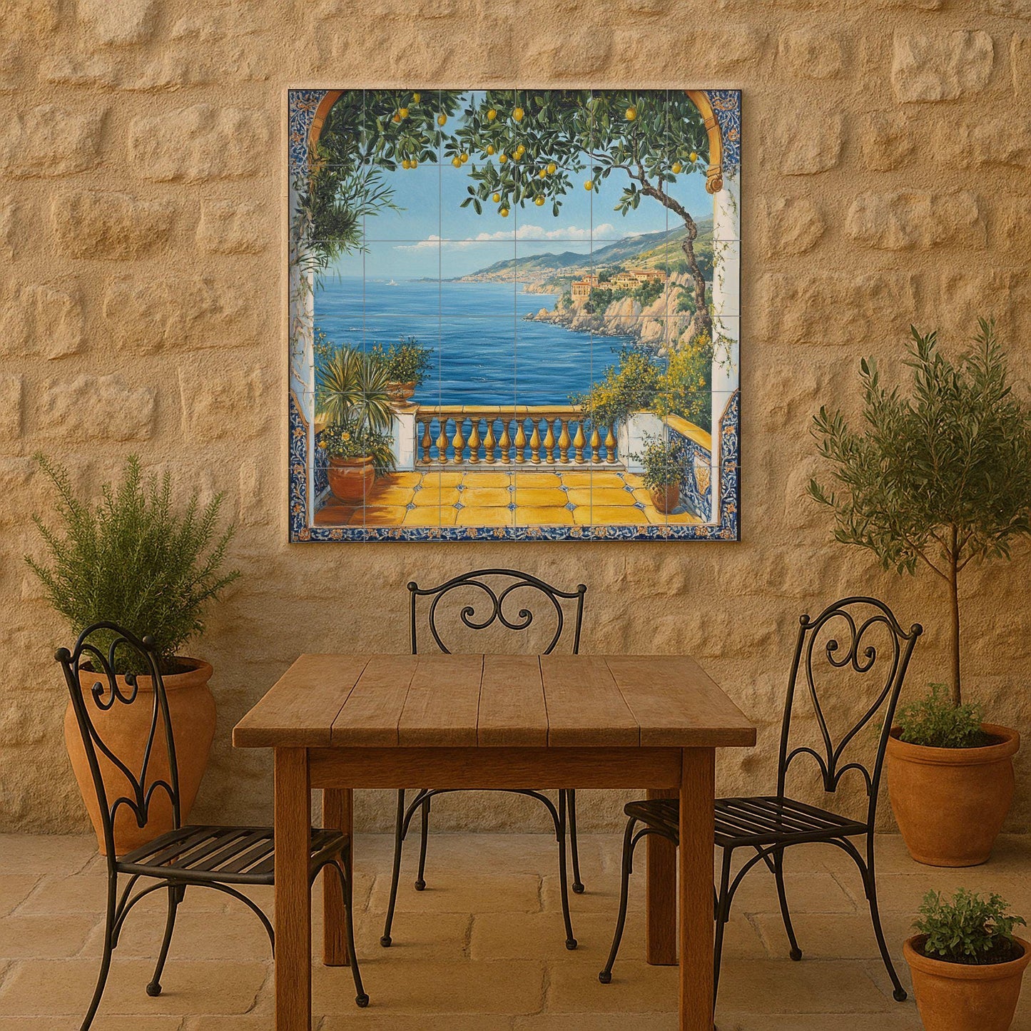 Mural de pared de cerámica de limonero mediterráneo con vista al mar…